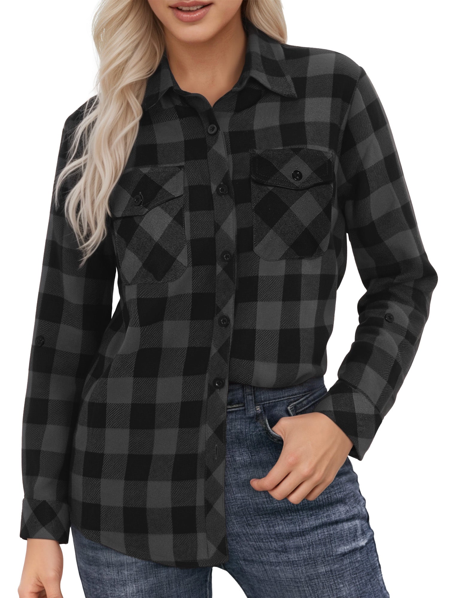 OALUXE Plaid Shirts for Women Roll Up Long Sleeve Casual Button Down Blouses Tops with Pockets