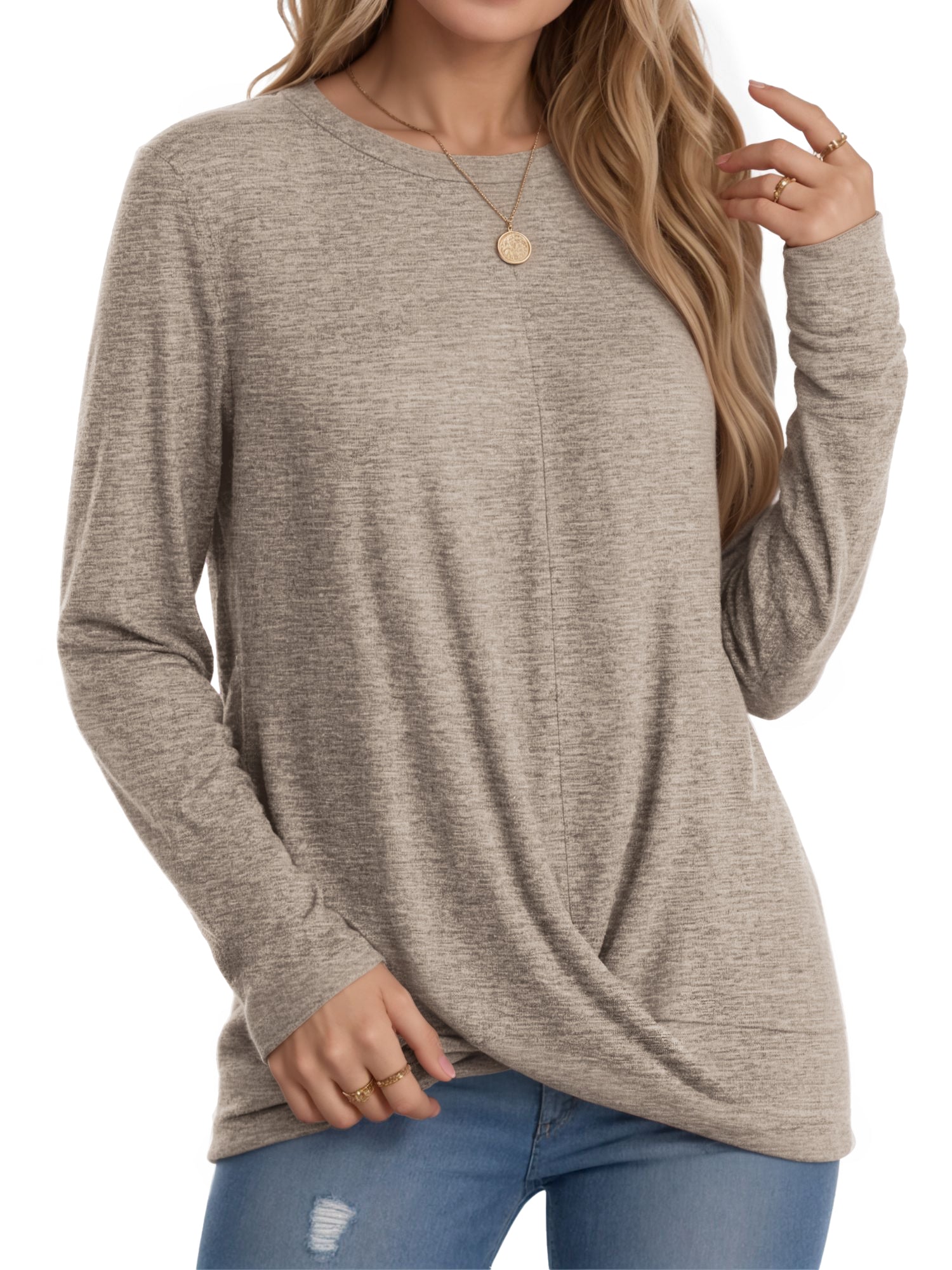 OALUXE Long Sleeve Shirts for Women Dressy Casual Tunic Tops Crewneck Front Twist Blouses