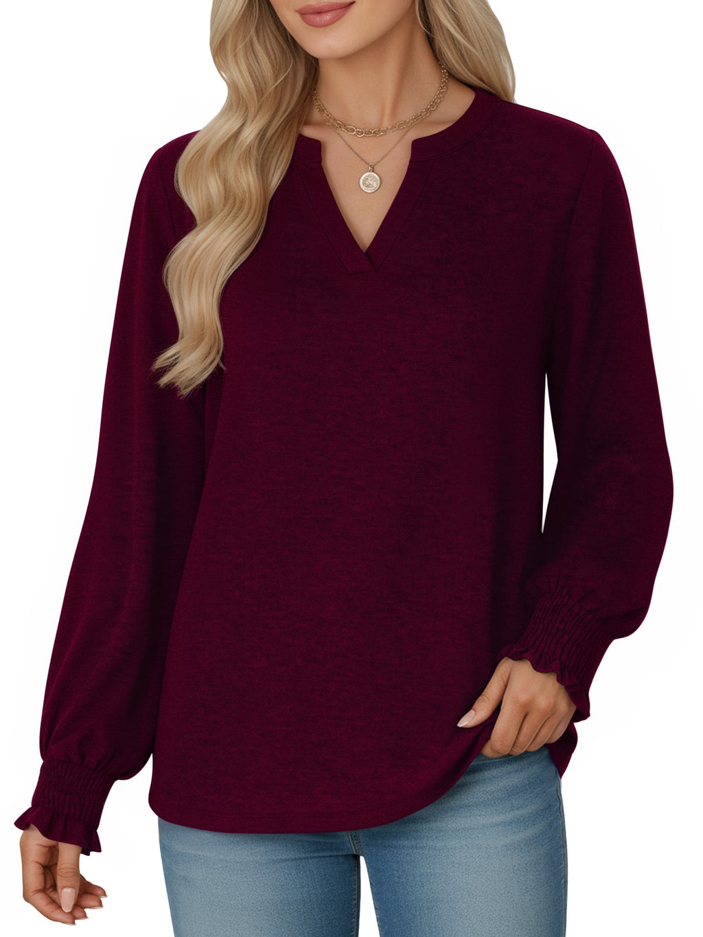 OALUXE Blouses for Women Long Sleeve Shirts V Neck Smocked Cuffs Tunic Tops
