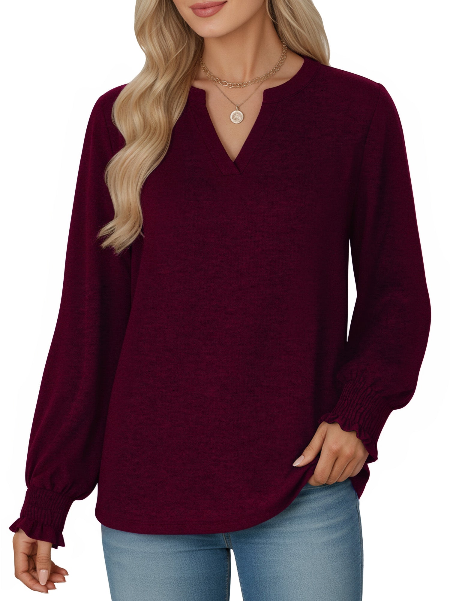 OALUXE Blouses for Women Long Sleeve Shirts V Neck Smocked Cuffs Tunic Tops