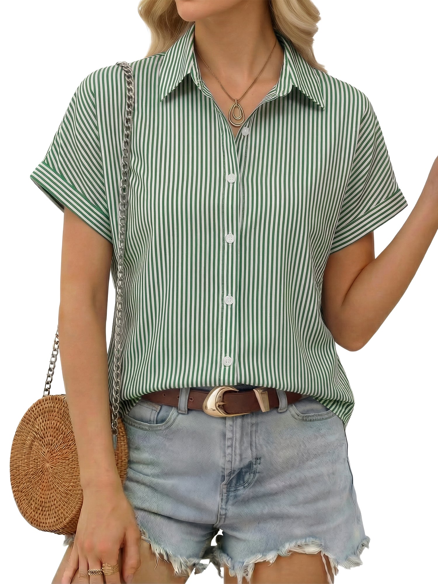 MOYIKO Short Sleeve Summer Tops for Women Casual Button Down Shirts Striped Business Work Blouses