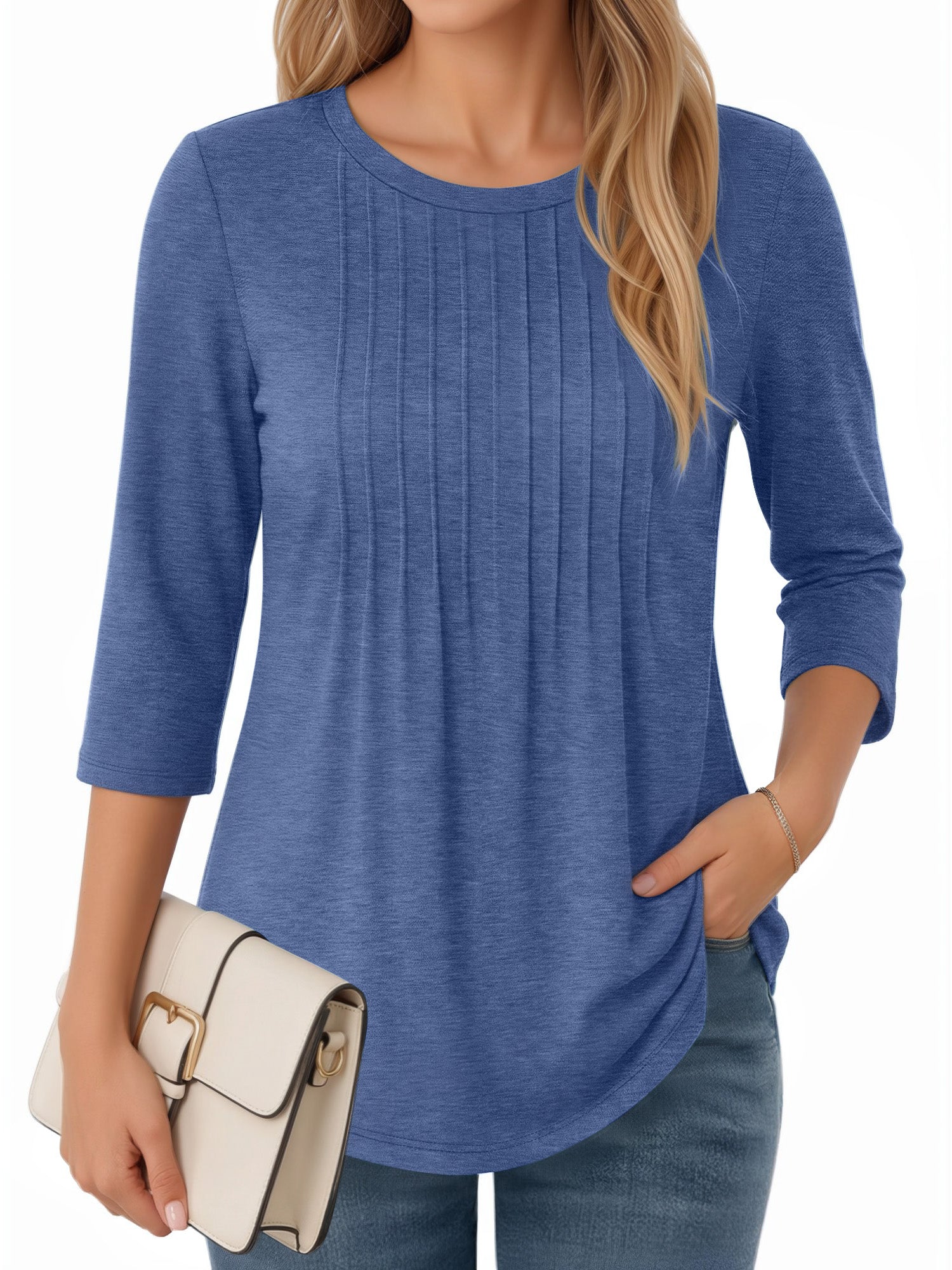 MOYIKO 3/4 Length Sleeve Womens Tops Round Neck T Shirts Pleated Tunic Summer Blouses Dressy Casual