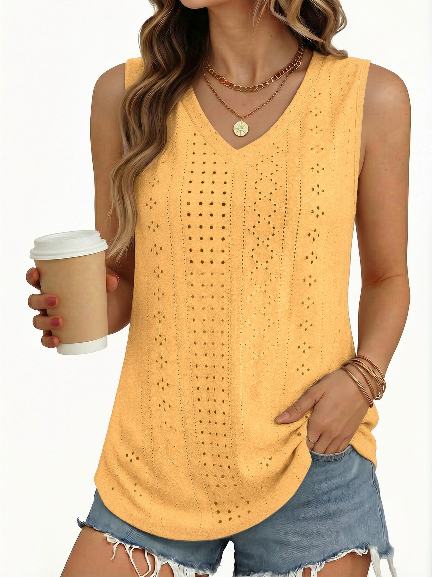 MOYIKO Tank Tops for Women Eyelet V Neck Trendy Sleeveless Tops Dressy Casual Flowy Summer Shirts Loose Fit