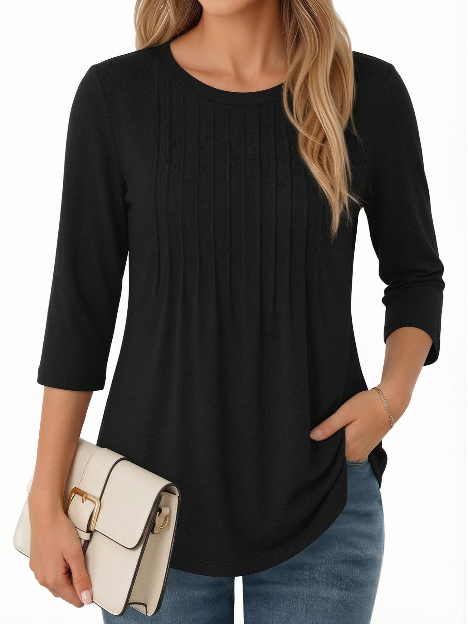 MOYIKO 3/4 Length Sleeve Womens Tops Round Neck T Shirts Pleated Tunic Summer Blouses Dressy Casual