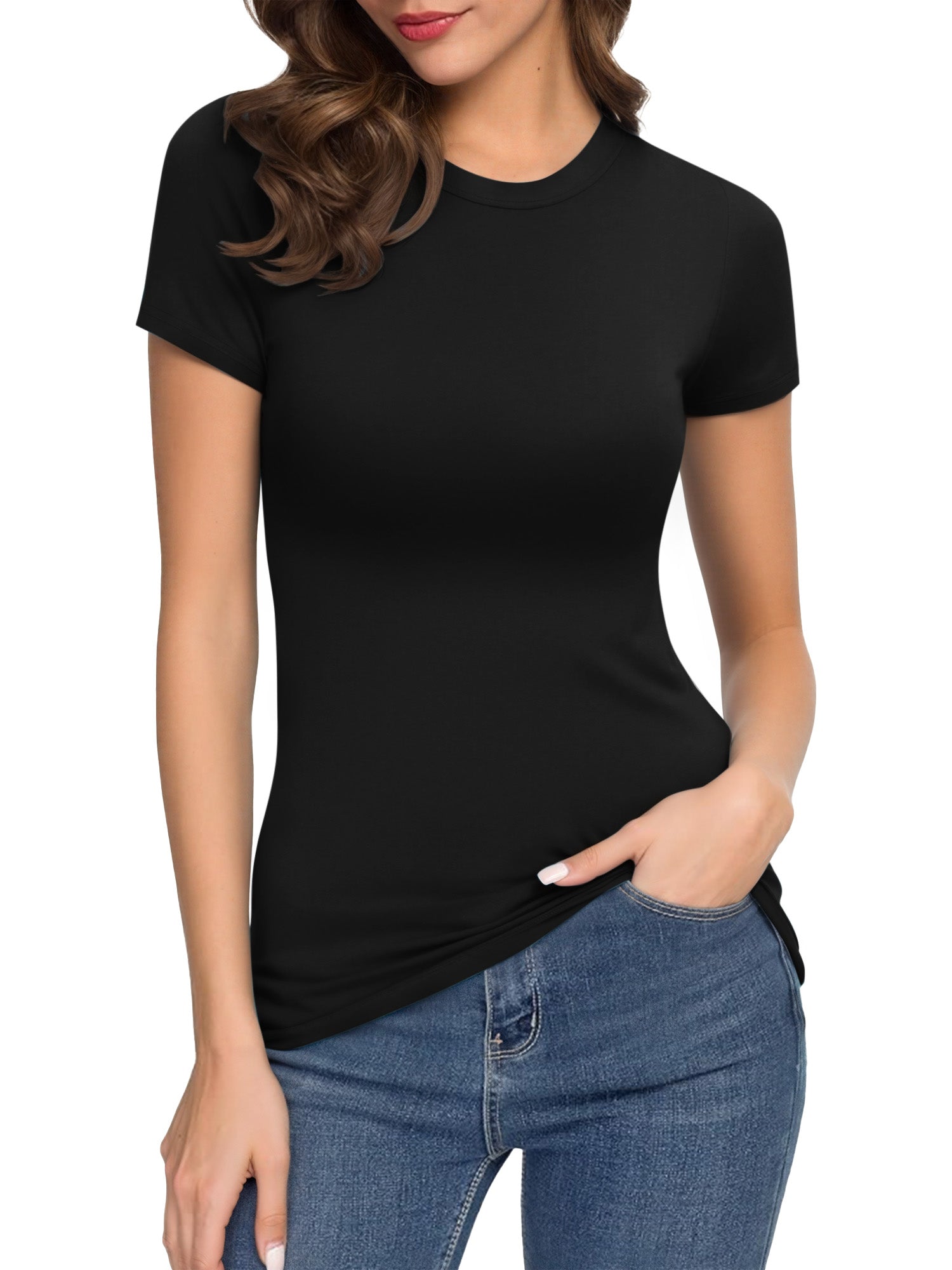 MOYIKO Crewneck T Shirts for Women Short Sleeve Slim Fitted Tees Basic Tight Summer Tops