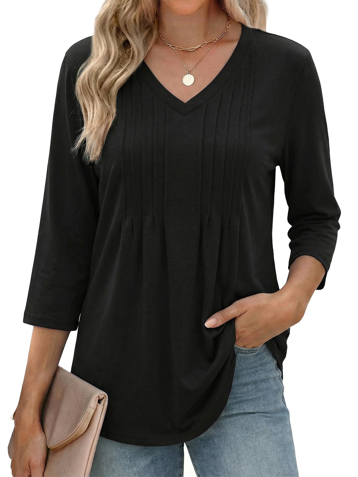 MOYIKO 3/4 Length Sleeve Womens Tops V Neck Pleated Blouses Dressy Casual Tunic Spring Summer Shirts