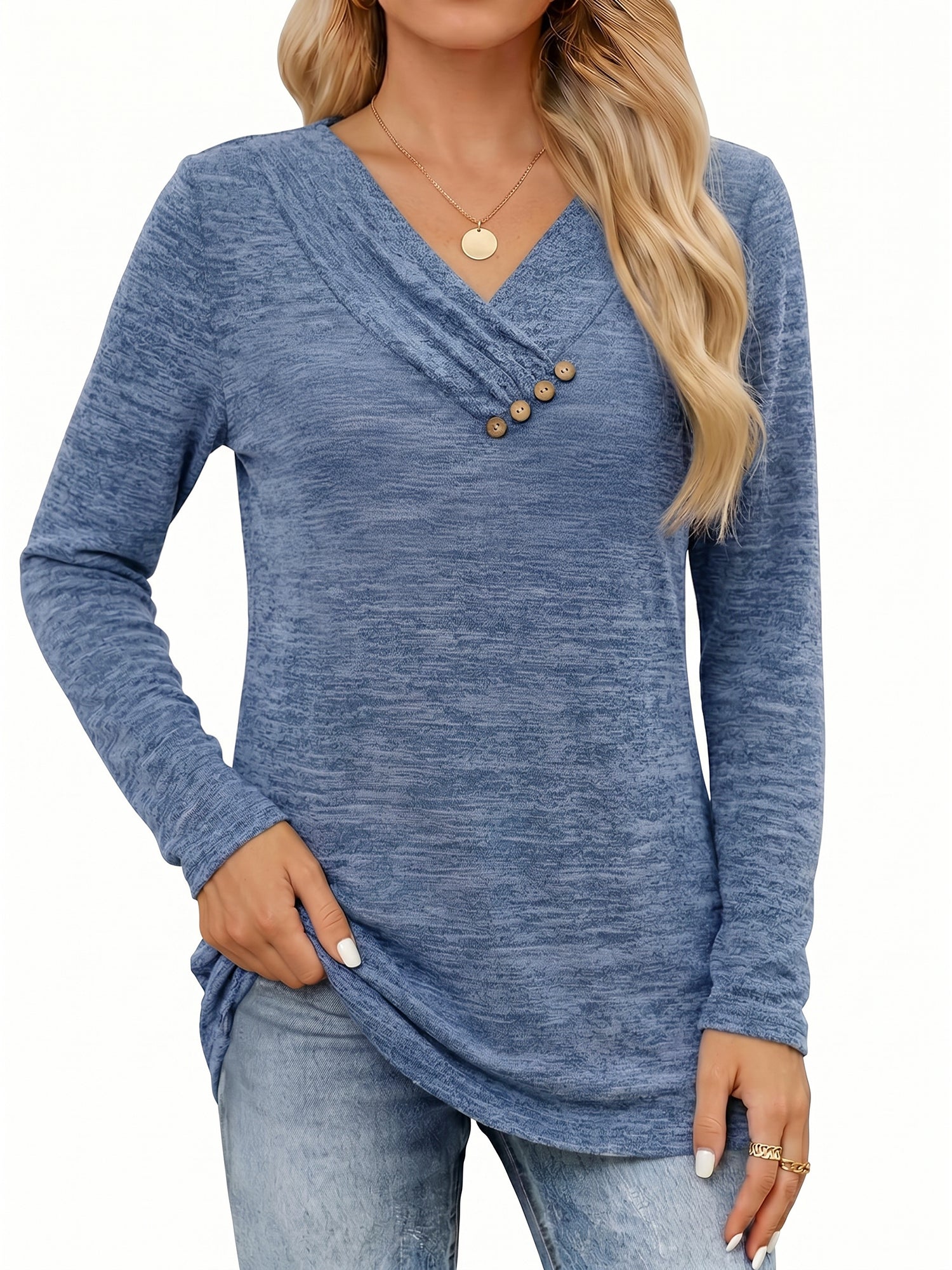 MOYIKO V Neck Blouses for Women Dressy Casual Tops Button Long Sleeve Tee Shirts Fall Top