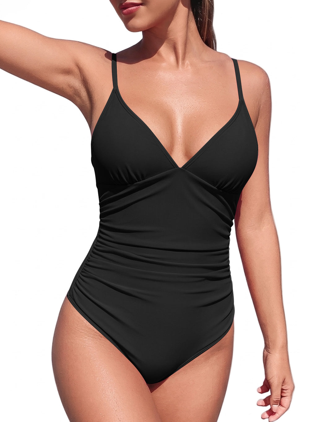MOYIKO One Piece Swimsuits for Women Tummy Control Bathing Suit Ruched Sexy V Neck Black Slimming Swimwear