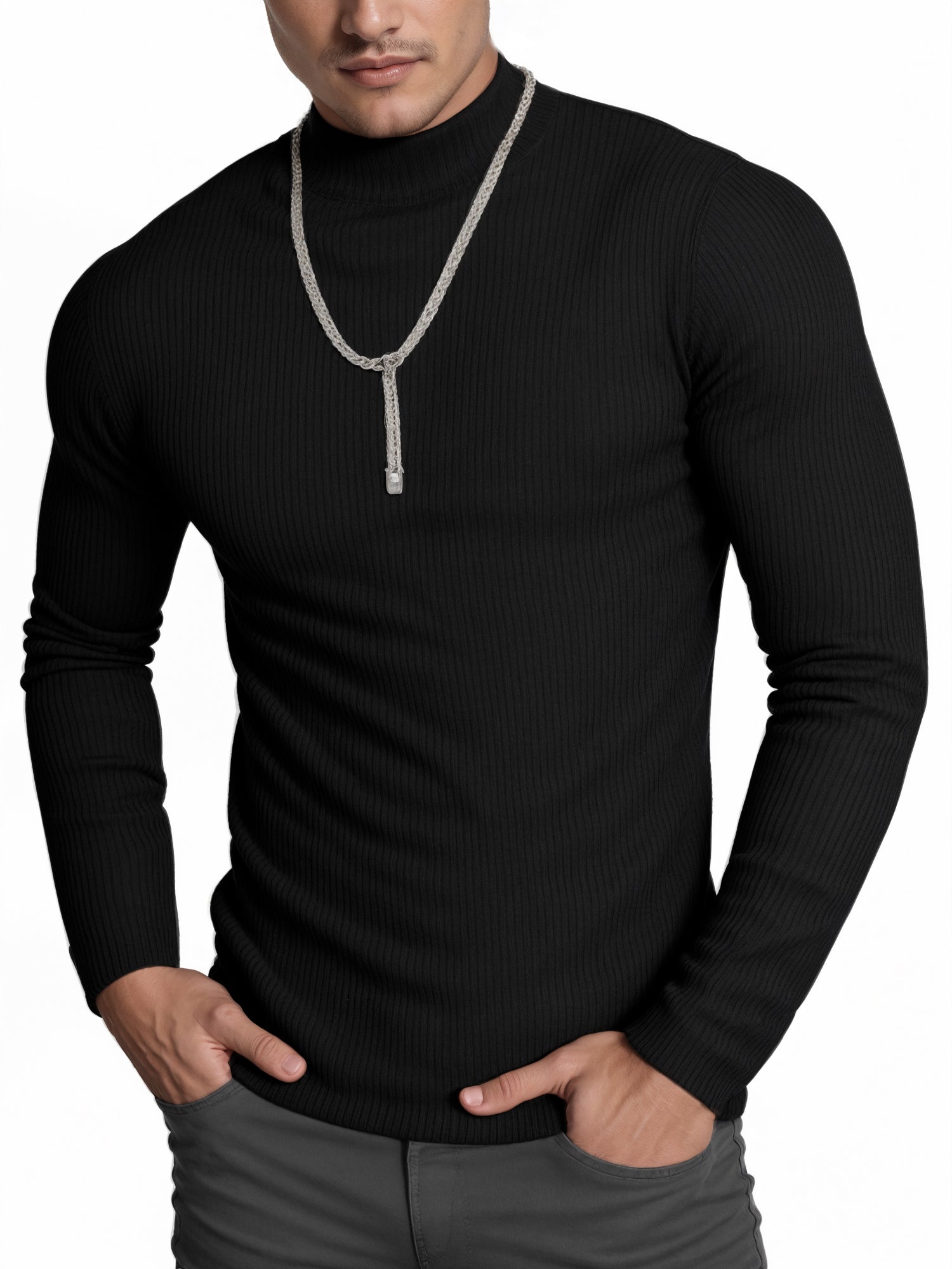 OALUXE Turtleneck Ribbed Long Sleeve Shirts for Mens Undershirts Knit Thermal Basic Tops