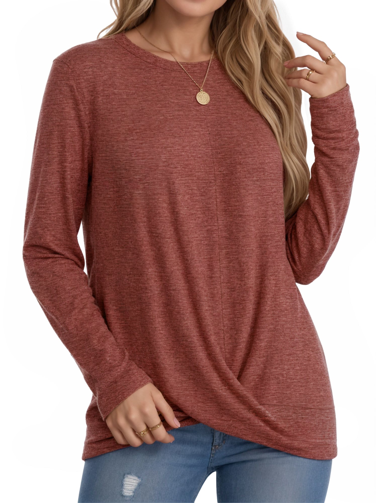 OALUXE Long Sleeve Shirts for Women Dressy Casual Tunic Tops Crewneck Front Twist Blouses