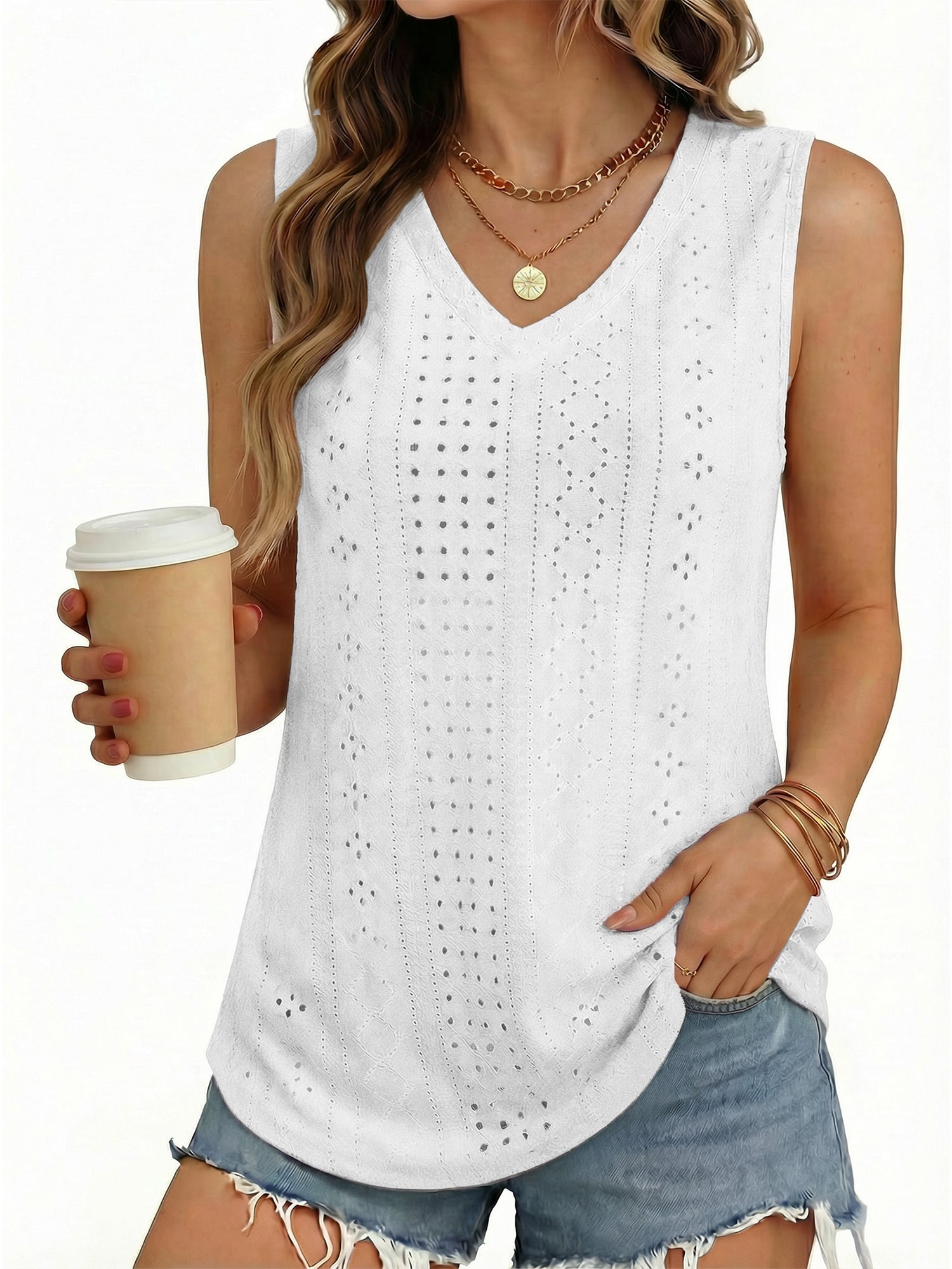 MOYIKO Tank Tops for Women Eyelet V Neck Trendy Sleeveless Tops Dressy Casual Flowy Summer Shirts Loose Fit