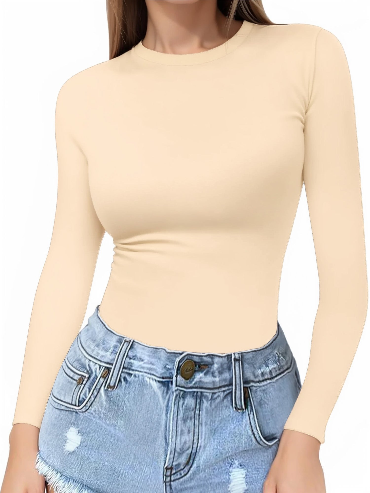 MOYIKO Crewneck Long Sleeve Shirts for Women Slim Fitted Tees Tight Basic Tops