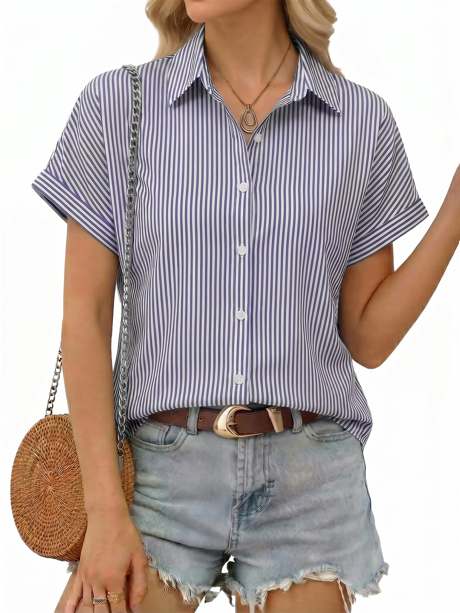 MOYIKO Short Sleeve Summer Tops for Women Casual Button Down Shirts Striped Business Work Blouses