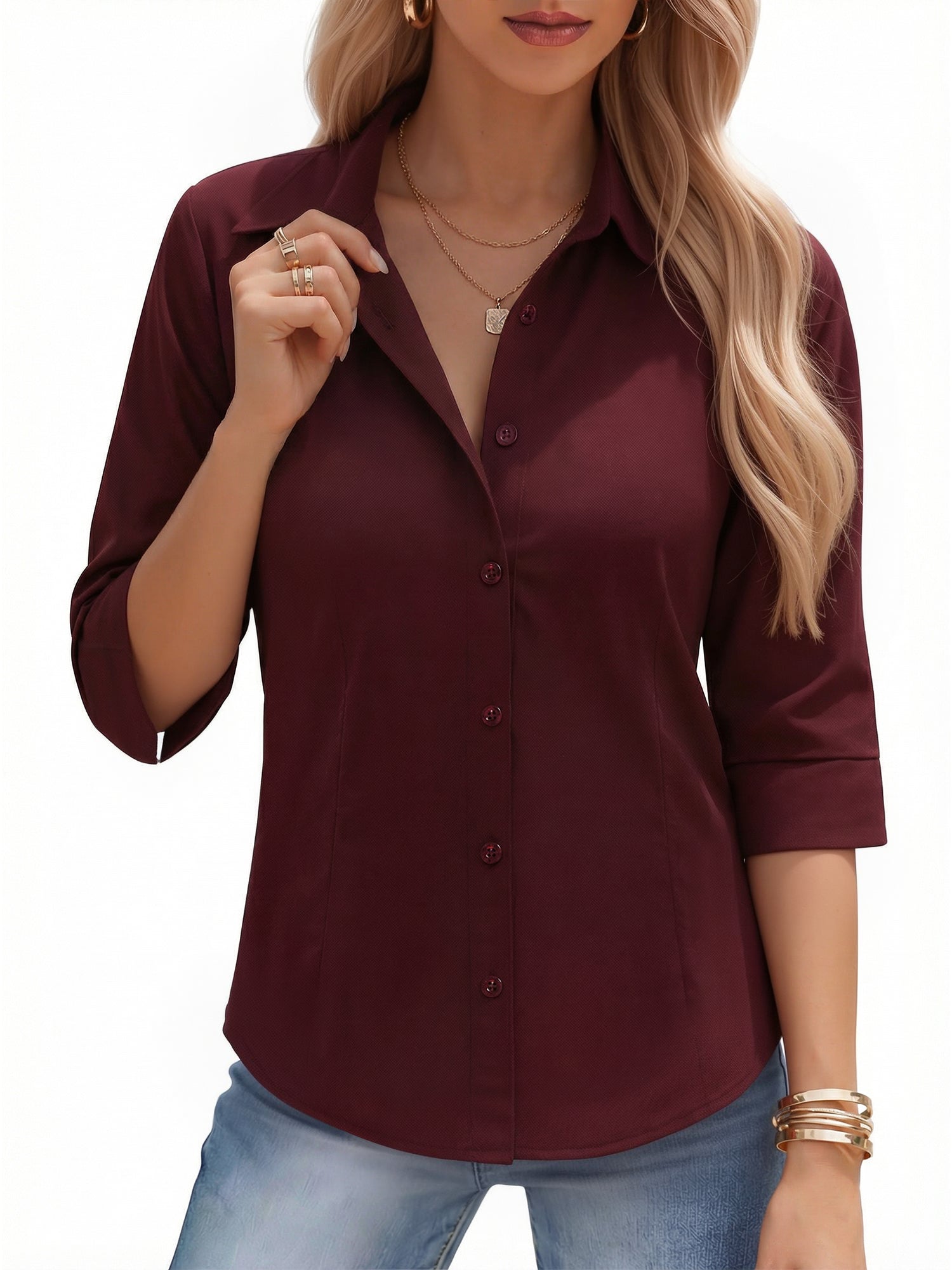 MOYIKO Womens Button Down Shirts 3/4 Sleeve Basic Business Dress Shirts Collared Work Office Fitted Blouses Tops