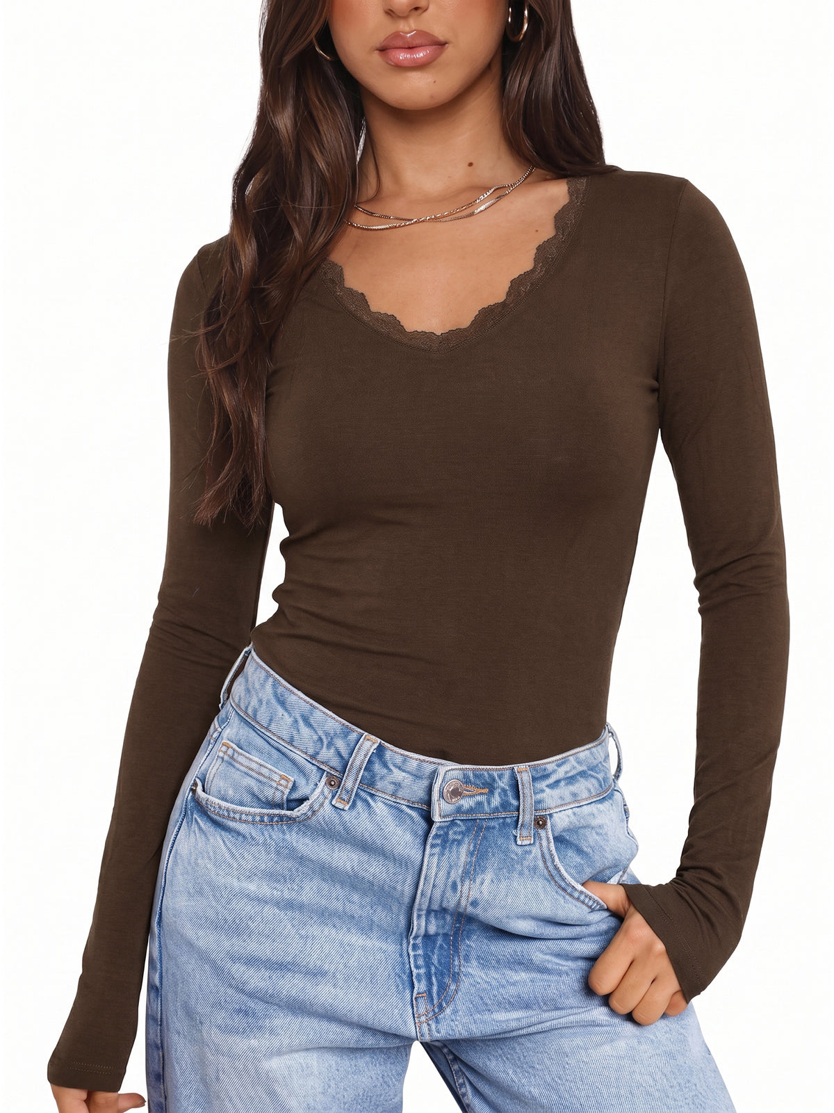 MOYIKO Slim Fitted Long Sleeve Shirts for Women Lace V Neck Tops Tight Fall Outfits Basic Tees