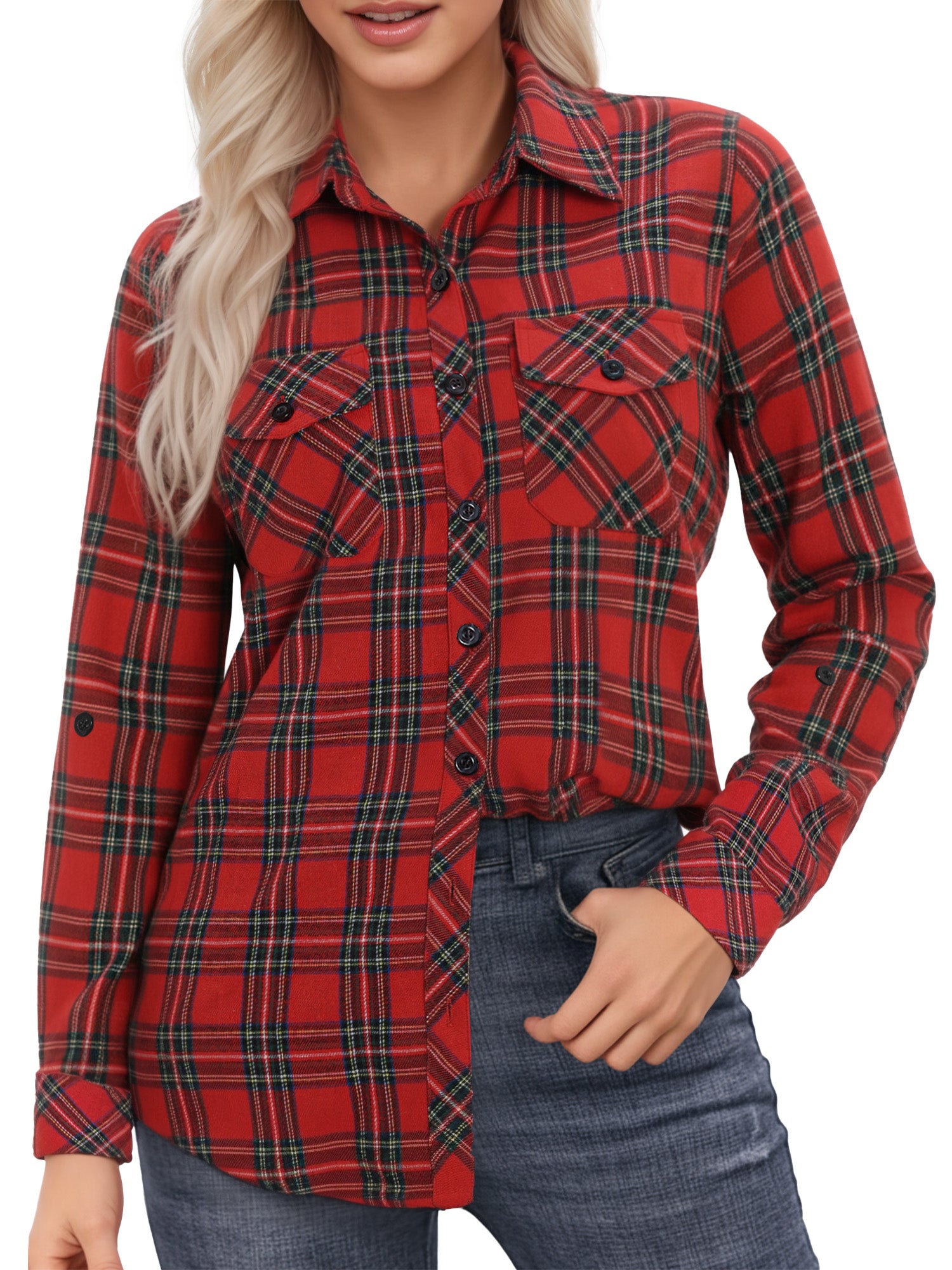 OALUXE Plaid Shirts for Women Roll Up Long Sleeve Casual Button Down Blouses Tops with Pockets