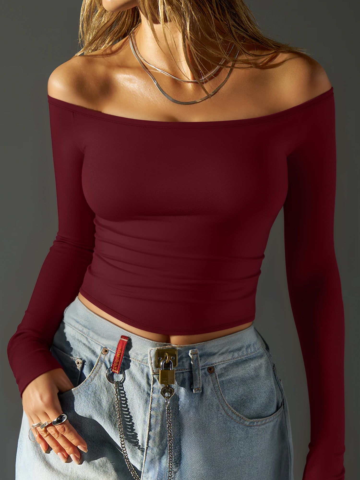 MOYIKO Off The Shoulder Tops For Women Fitted Long Sleeve Shirts Elegant