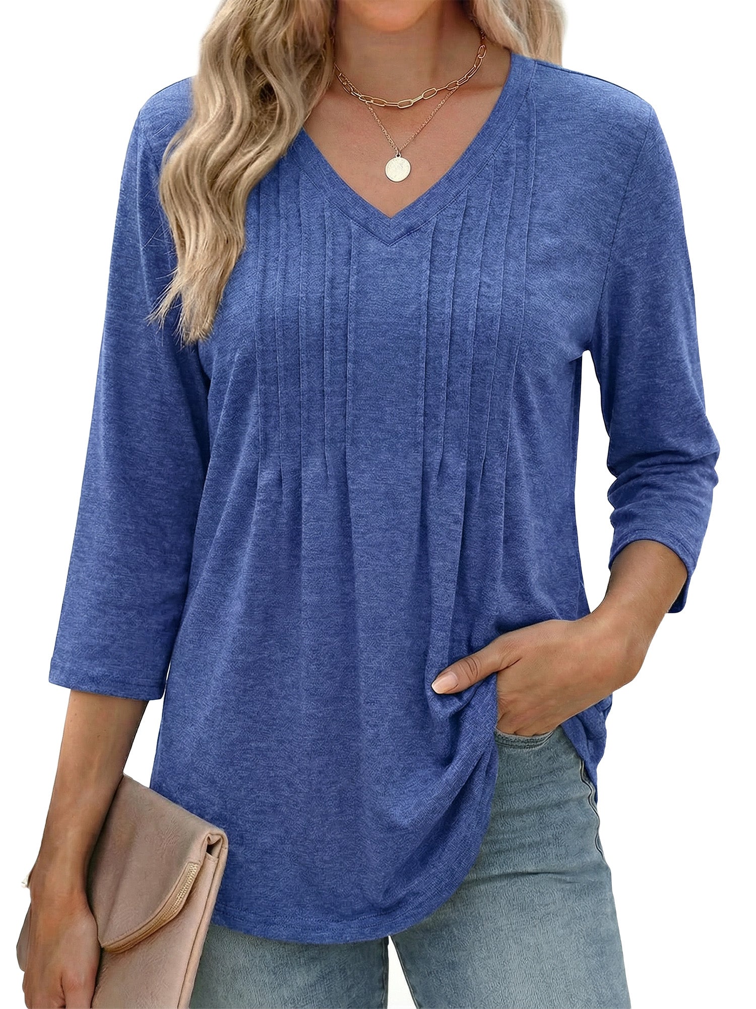 MOYIKO 3/4 Length Sleeve Womens Tops V Neck Pleated Blouses Dressy Casual Tunic Spring Summer Shirts