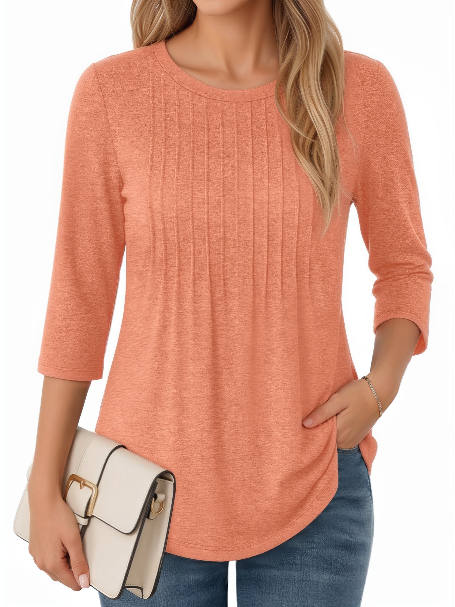 MOYIKO 3/4 Length Sleeve Womens Tops Round Neck T Shirts Pleated Tunic Summer Blouses Dressy Casual