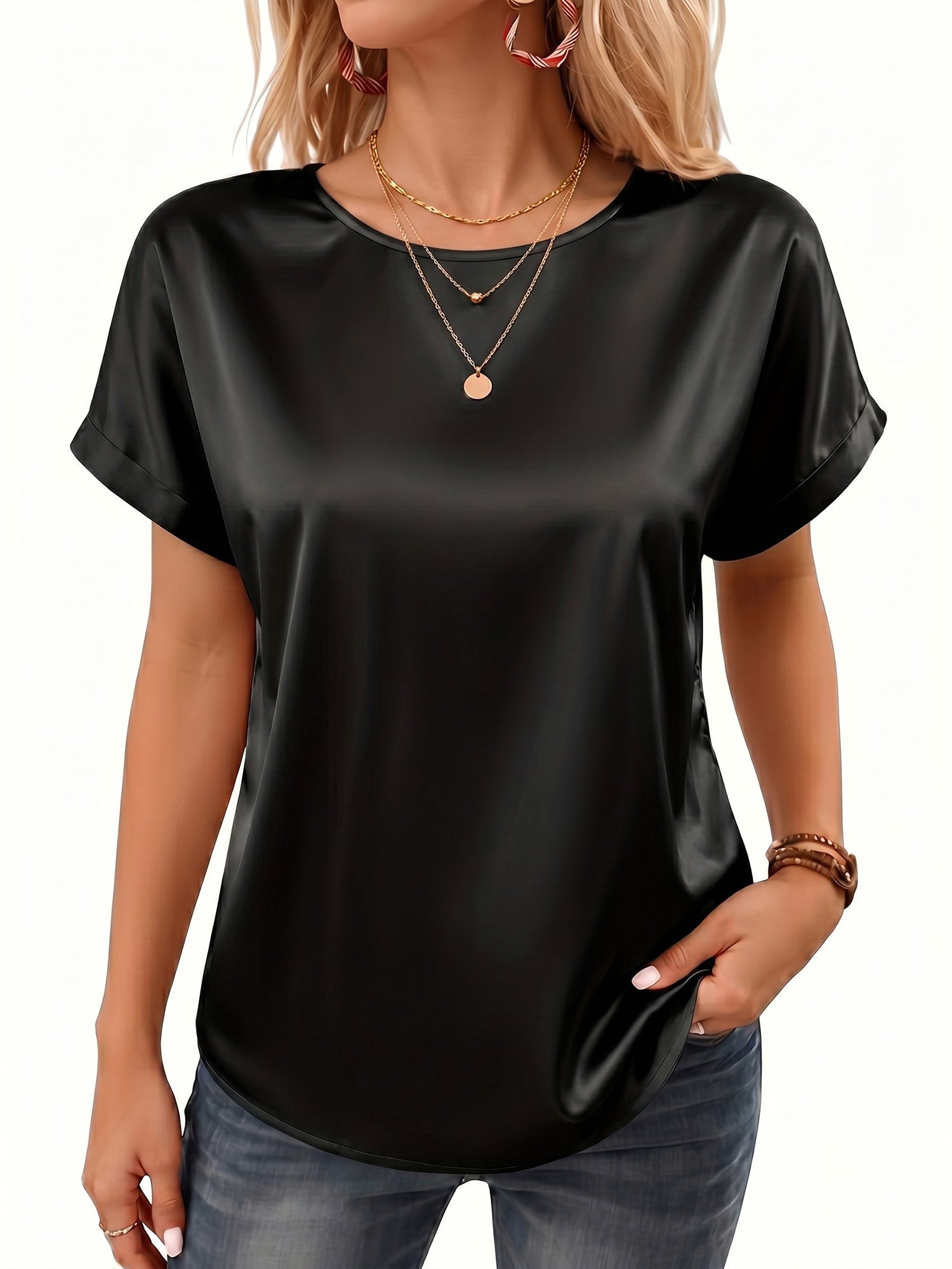 MOYIKO Satin Blouse for Women Short Sleeve Crewneck Silk Shirt Business Casual Outfit Summer Dressy Clothes