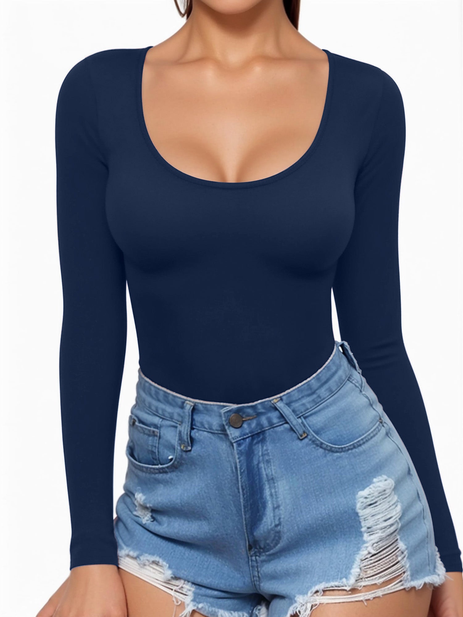 MOYIKO Scoop Neck Long Sleeve Shirts for Women Slim Fitted Tees Basic Tight Tops