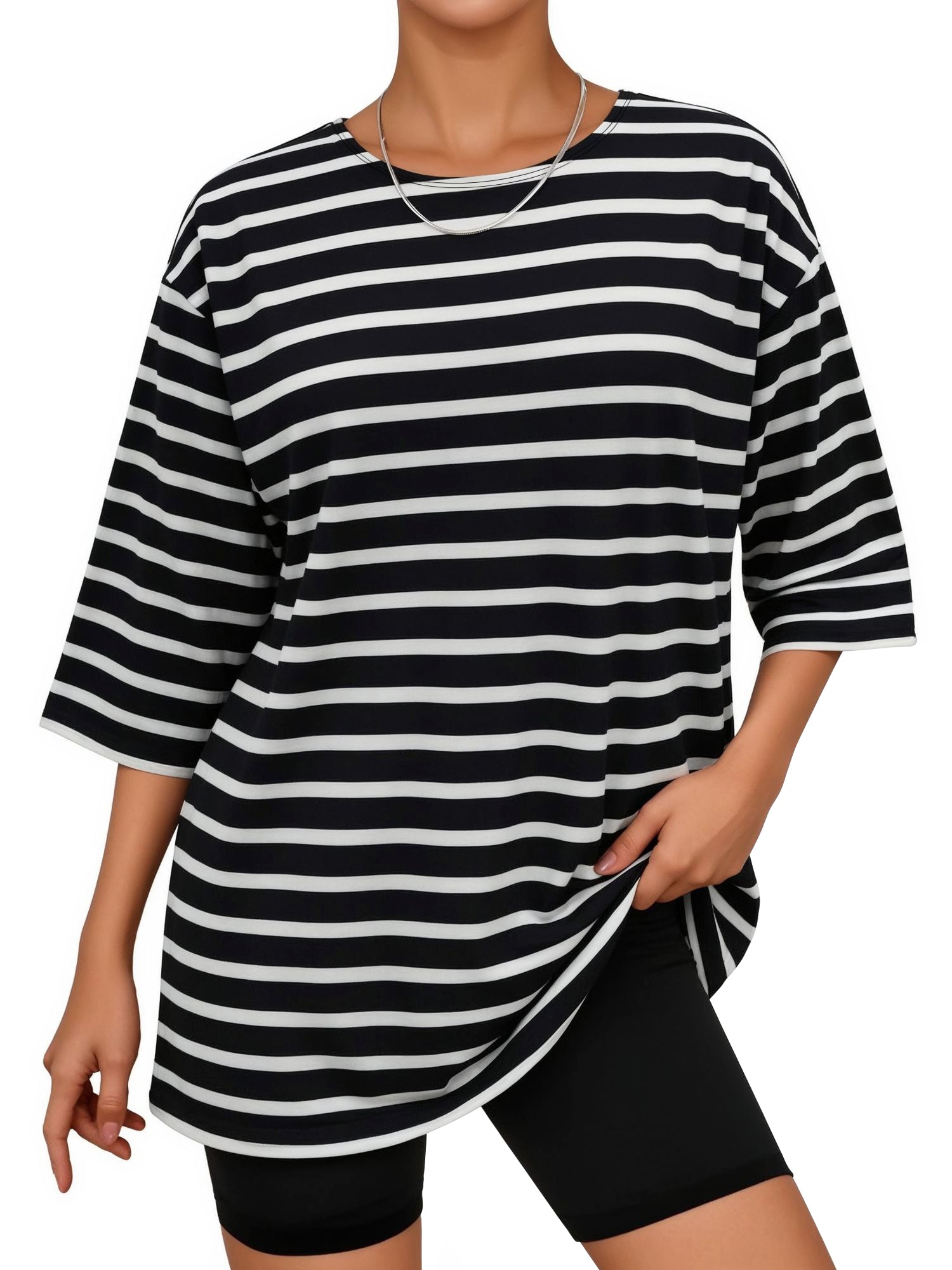 MOYIKO Striped T Shirts for Women 3/4 Length Sleeve Crewneck Casual Loose Fit Tees Summer Tops