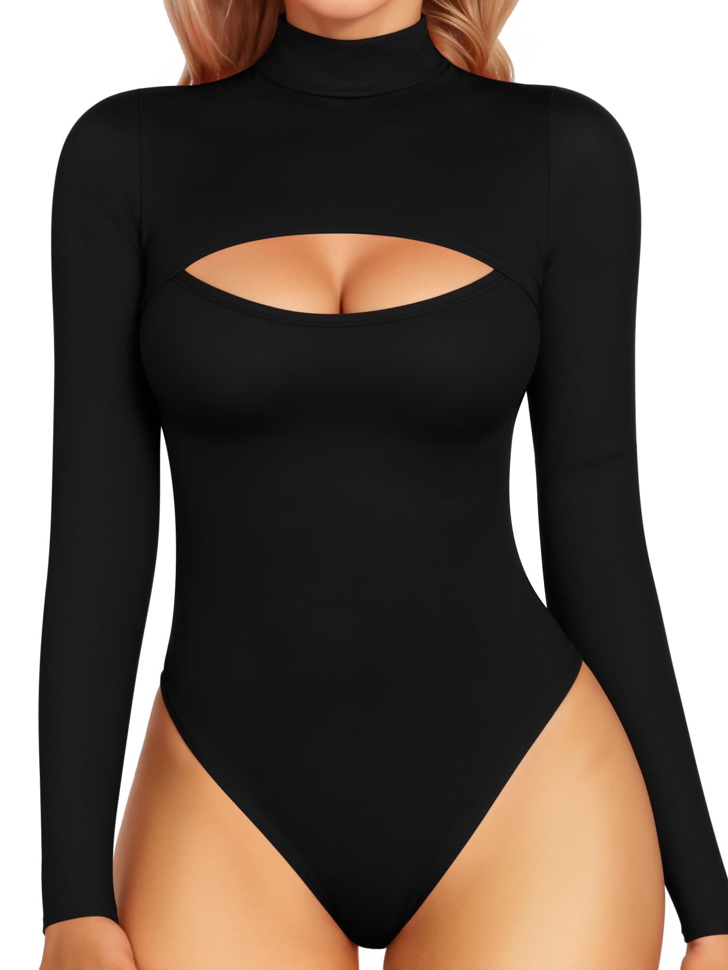 MOYIKO Mock Neck Cutout Front Tops Long Sleeve Body Suits for Womens Fitted Tight Tops