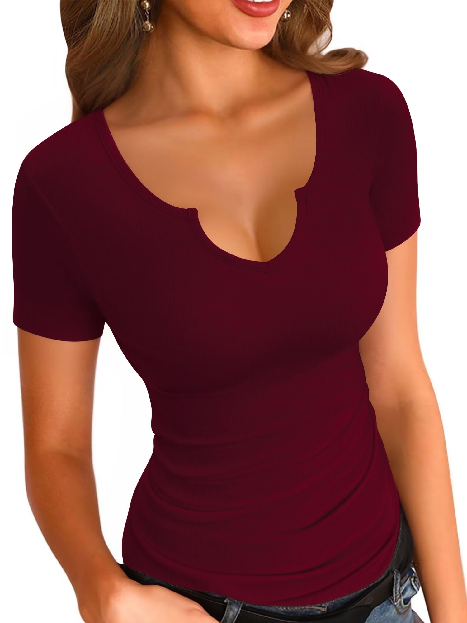 MOYIKO V Neck Notched Neckline Shirts for Women Short Sleeve T Shirts Summer Tops Tees