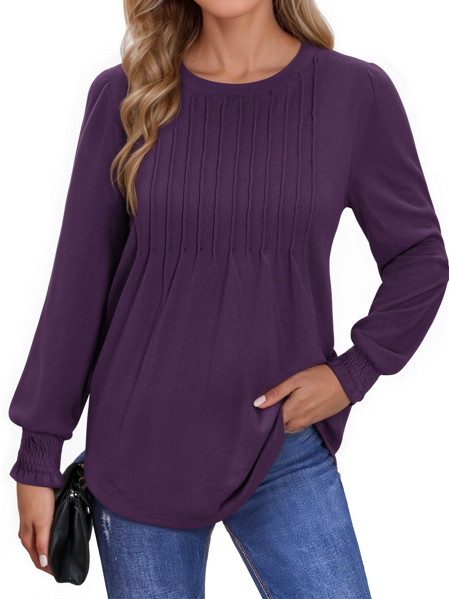 OALUXE Pleated Blouses for Women Long Sleeve Shirts Dressy Casual Tunic Tops with Smocked Cuffs