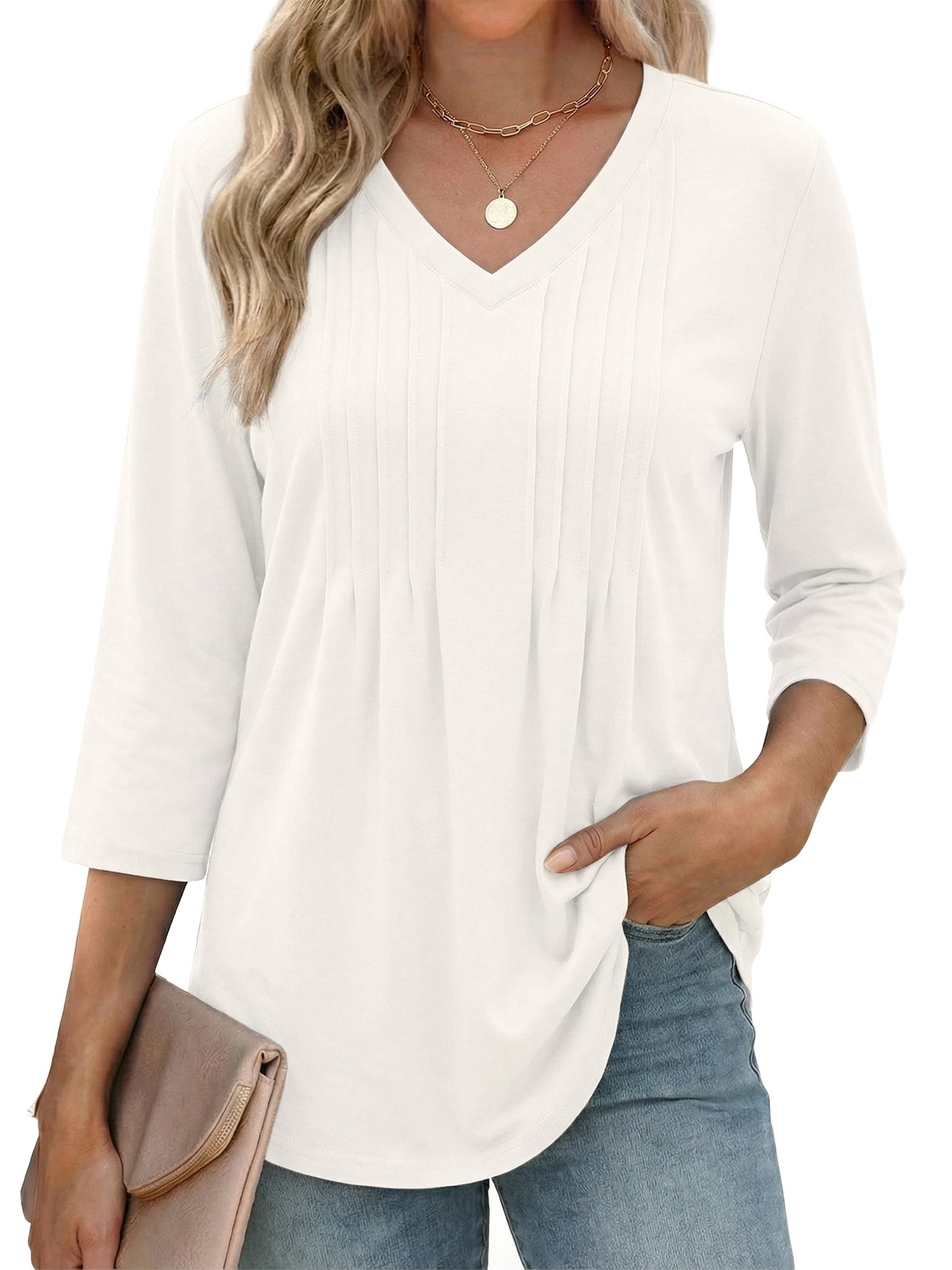 MOYIKO 3/4 Length Sleeve Womens Tops V Neck Pleated Blouses Dressy Casual Tunic Spring Summer Shirts