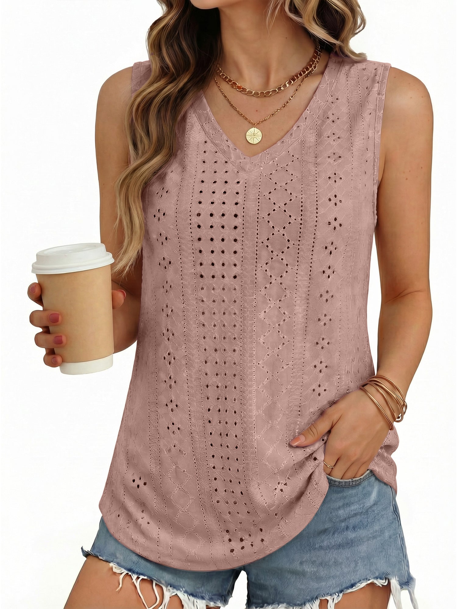 MOYIKO Tank Tops for Women Eyelet V Neck Trendy Sleeveless Tops Dressy Casual Flowy Summer Shirts Loose Fit