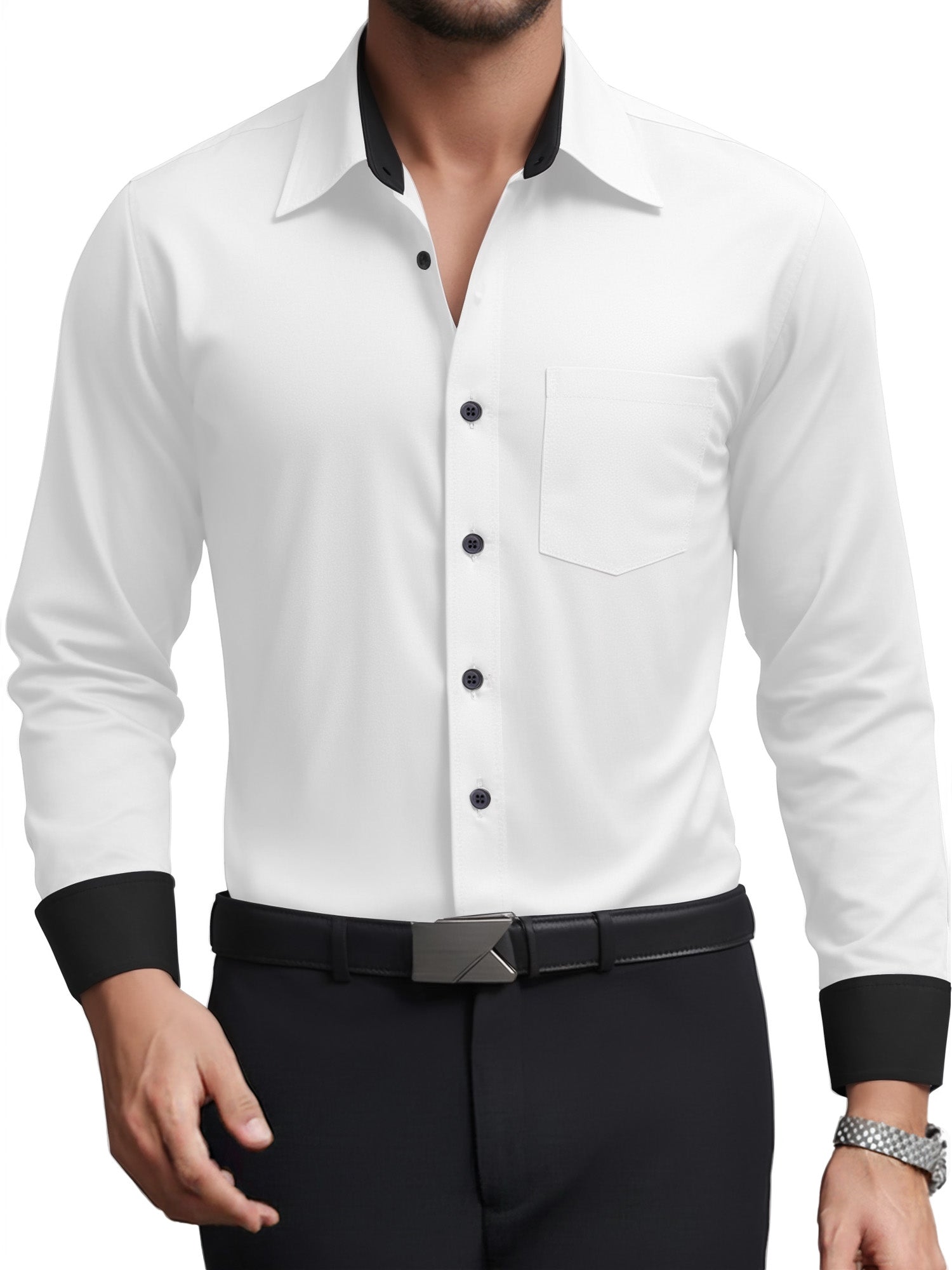 OALUXE Mens Dress Shirts Formal Long Sleeve Button Down Business Contrast Shirt with Pocket