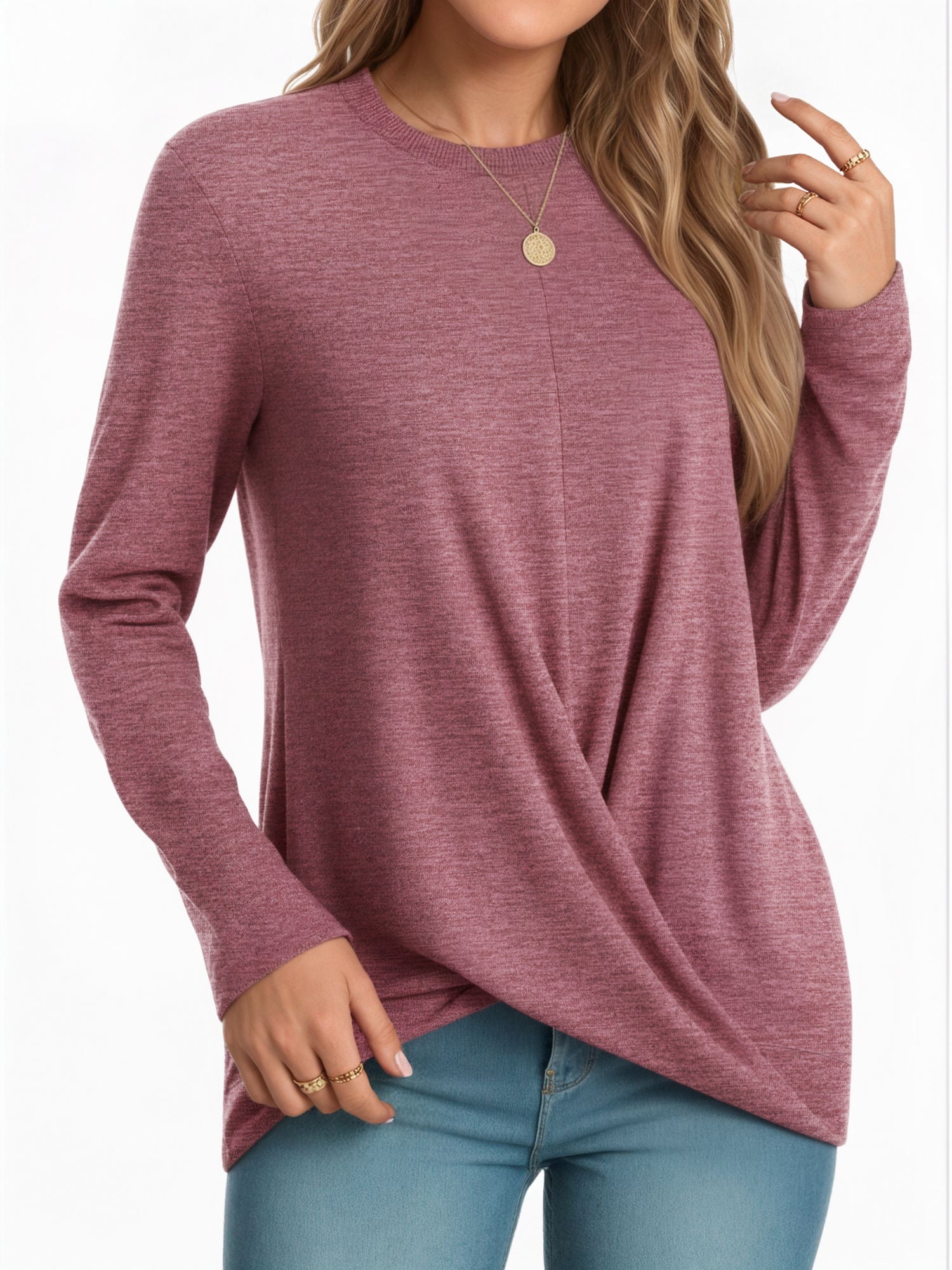 OALUXE Long Sleeve Shirts for Women Dressy Casual Tunic Tops Crewneck Front Twist Blouses