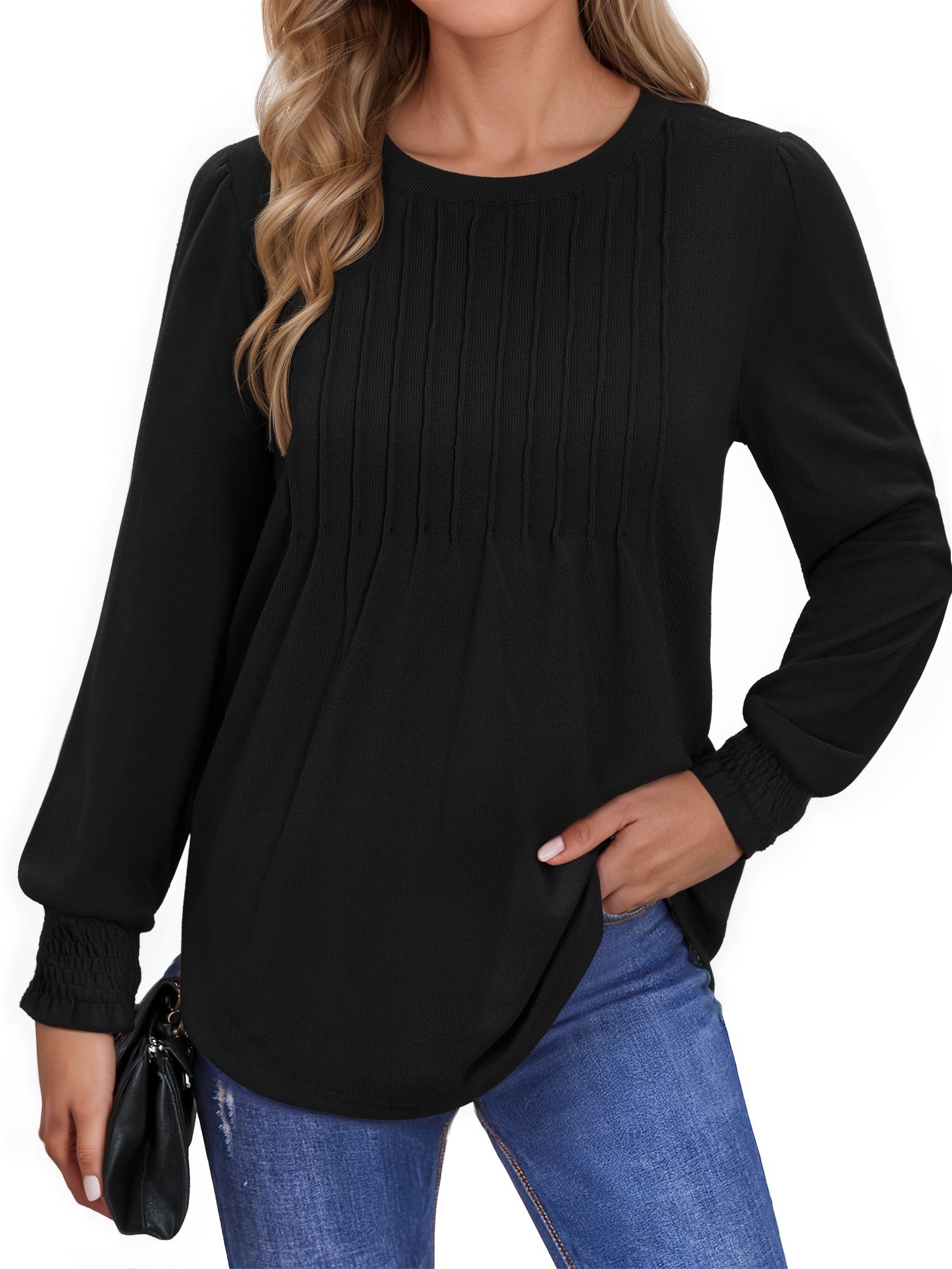OALUXE Pleated Blouses for Women Long Sleeve Shirts Dressy Casual Tunic Tops with Smocked Cuffs