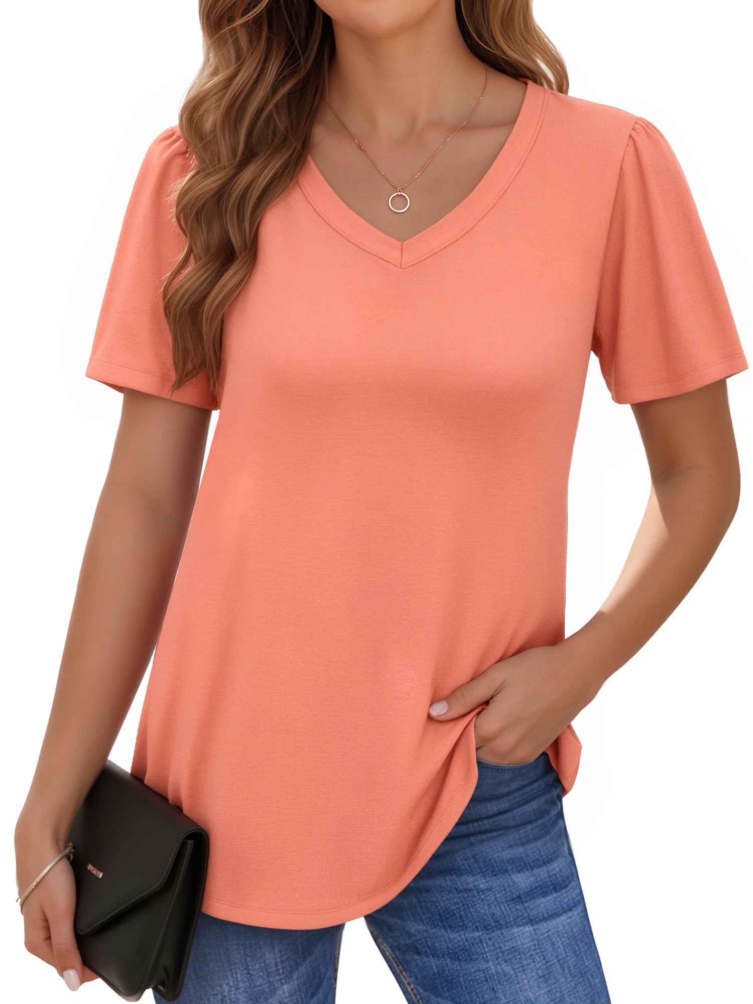 MOYIKO Womens Short Puff Sleeve T Shirts V Neck Summer Tops Trendy Dressy Casual Loose Fit Tees