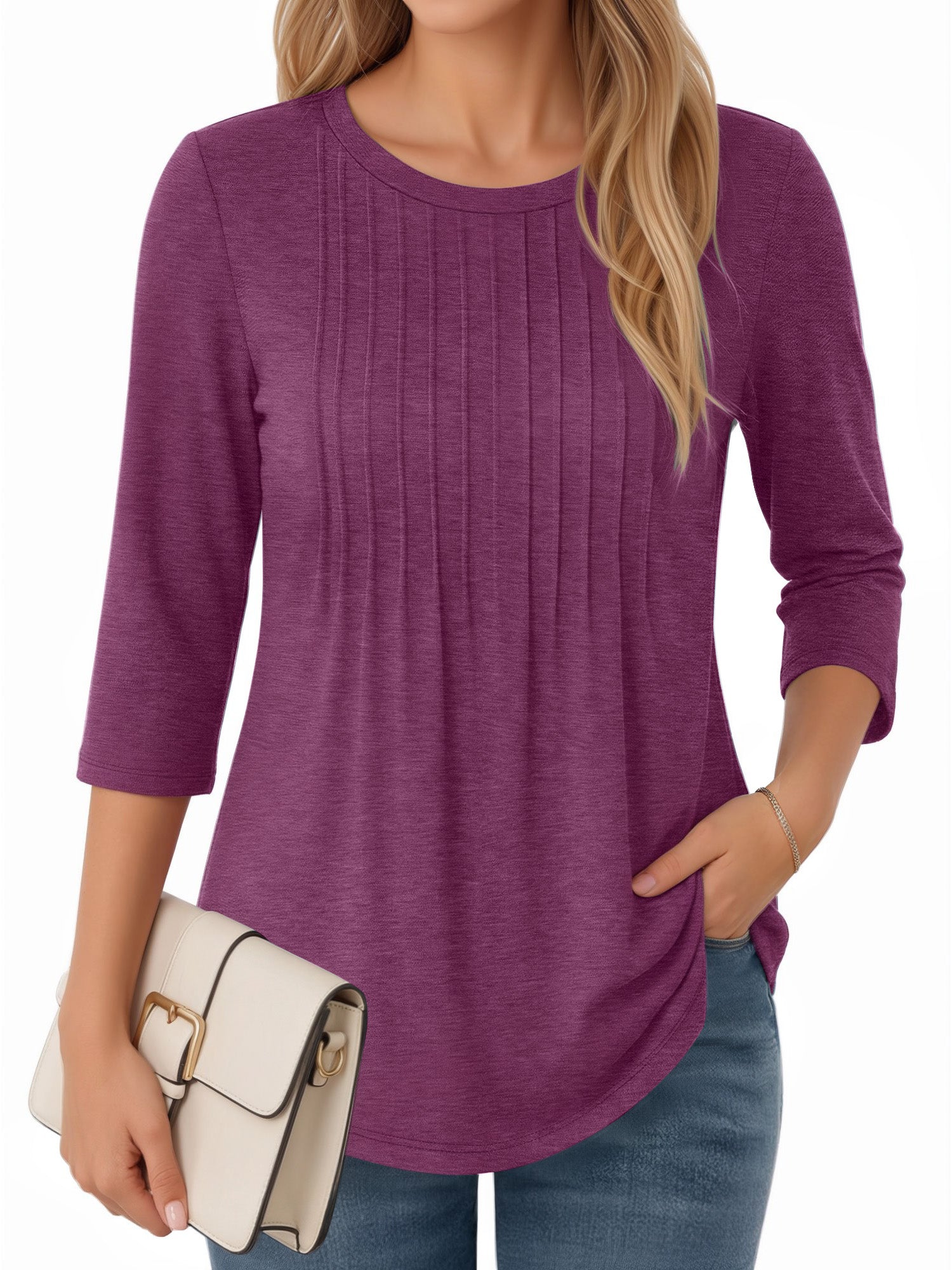 MOYIKO 3/4 Length Sleeve Womens Tops Round Neck T Shirts Pleated Tunic Summer Blouses Dressy Casual