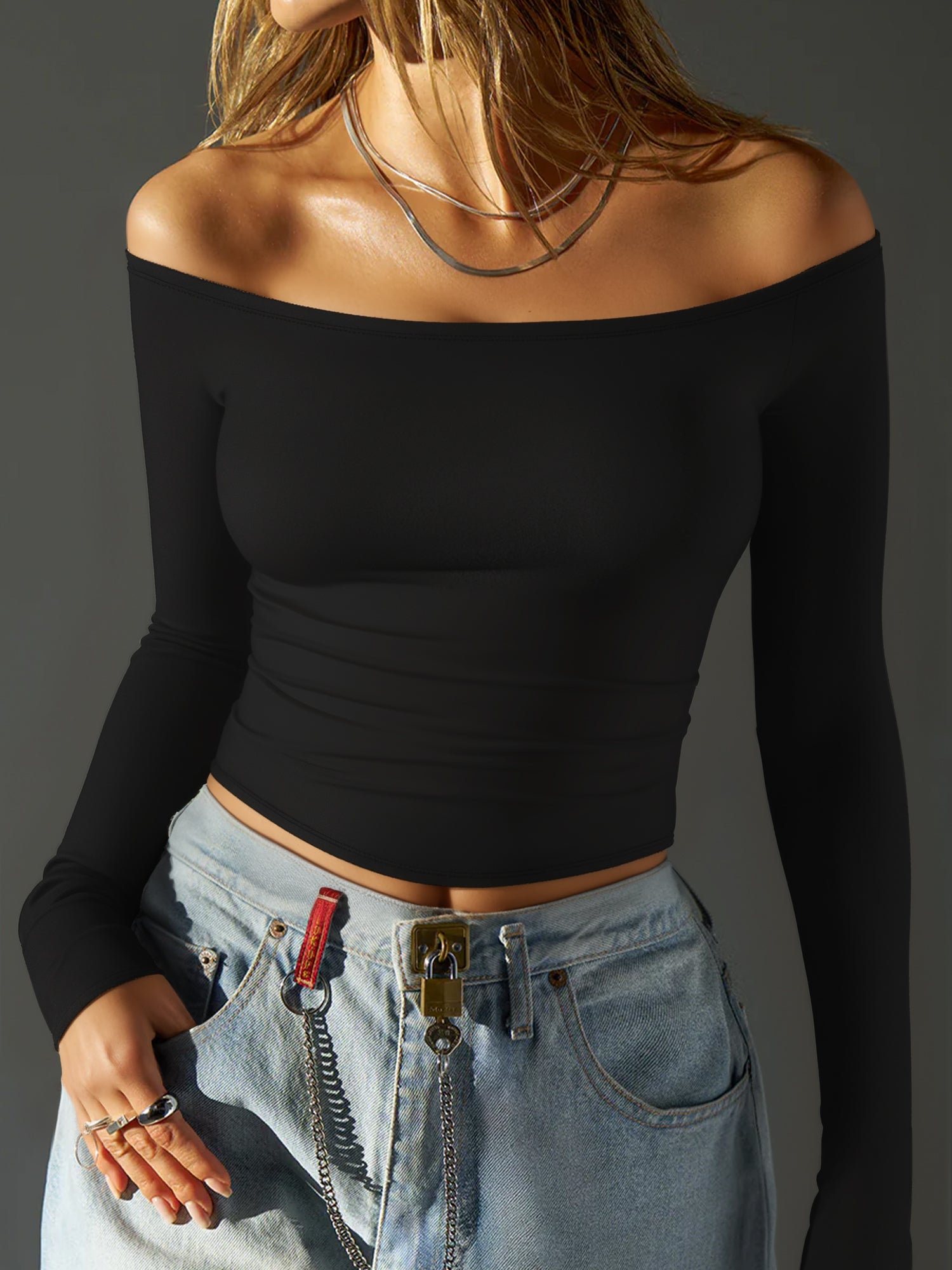 MOYIKO Off The Shoulder Tops For Women Fitted Long Sleeve Shirts Elegant