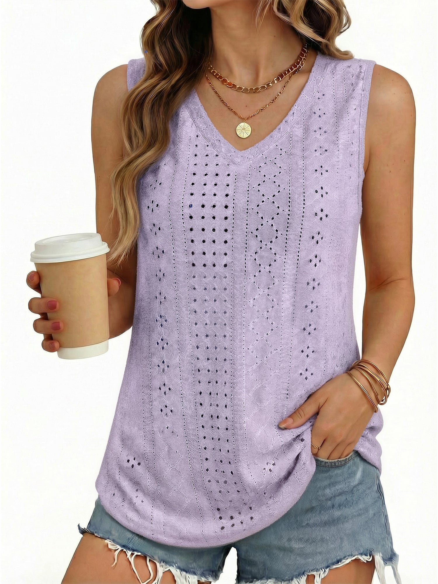 MOYIKO Tank Tops for Women Eyelet V Neck Trendy Sleeveless Tops Dressy Casual Flowy Summer Shirts Loose Fit