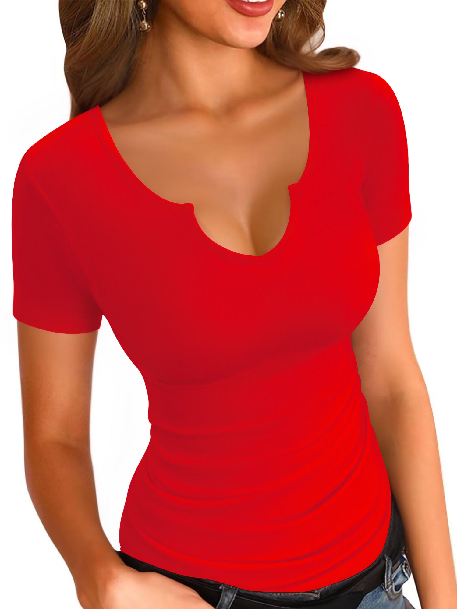 MOYIKO V Neck Notched Neckline Shirts for Women Short Sleeve T Shirts Summer Tops Tees
