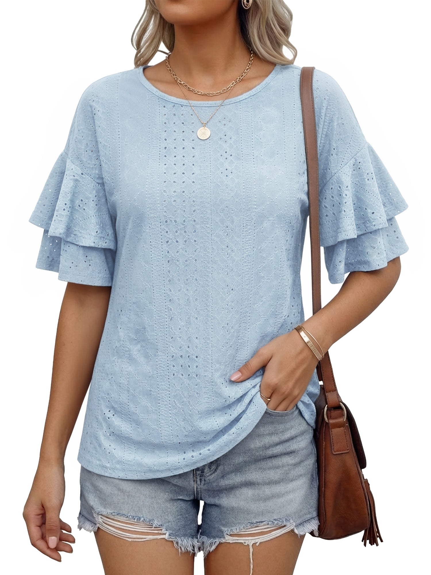 MOYIKO Women Casual Ruffle Half Sleeve Summer tops Crewneck Eyelet Shirts Flowy Dressy Tunic Blouses