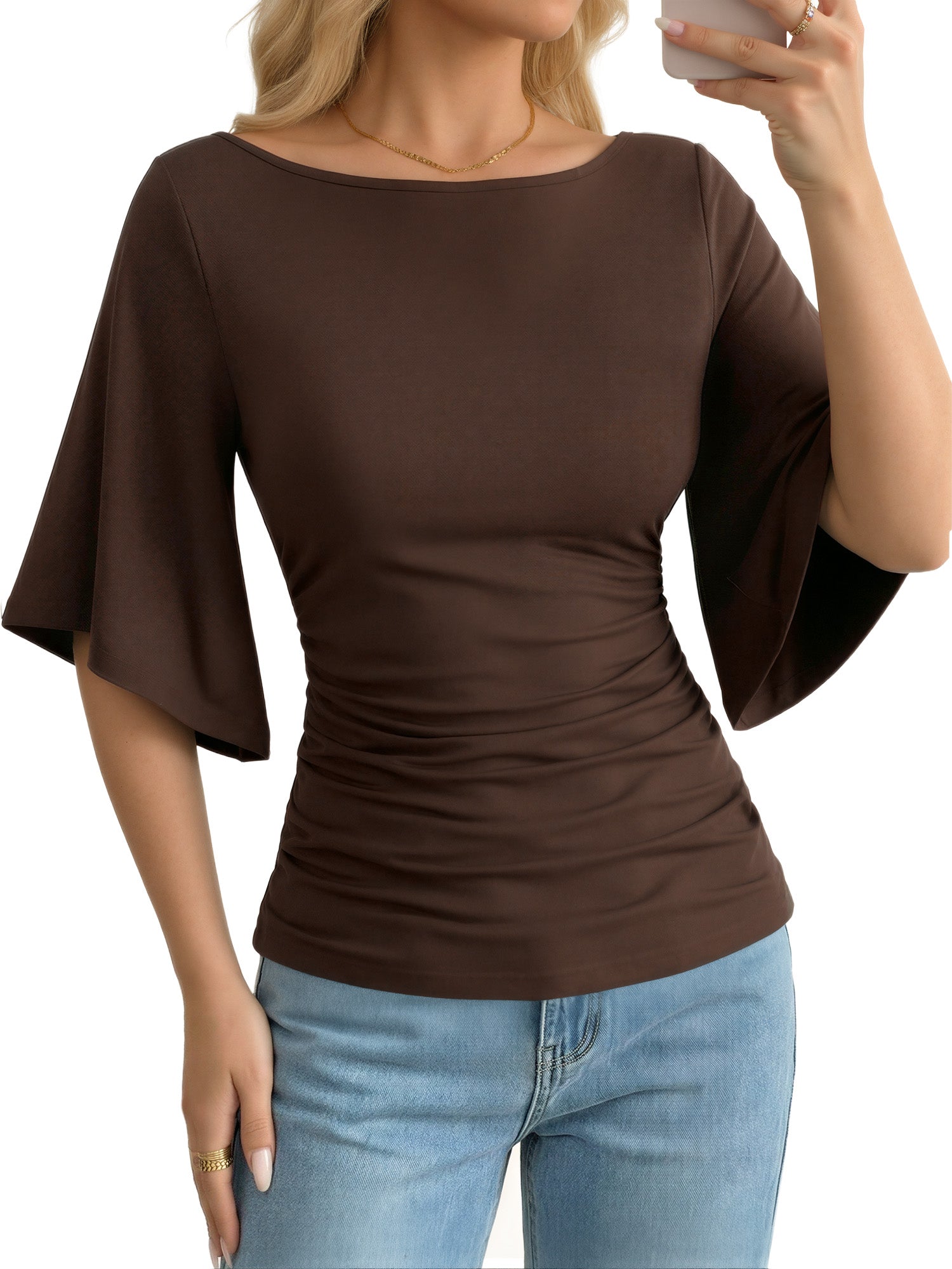 MOYIKO T Shirts for Women Boat Neck 3/4 Flare Sleeve Ruched Fitted Shirts
