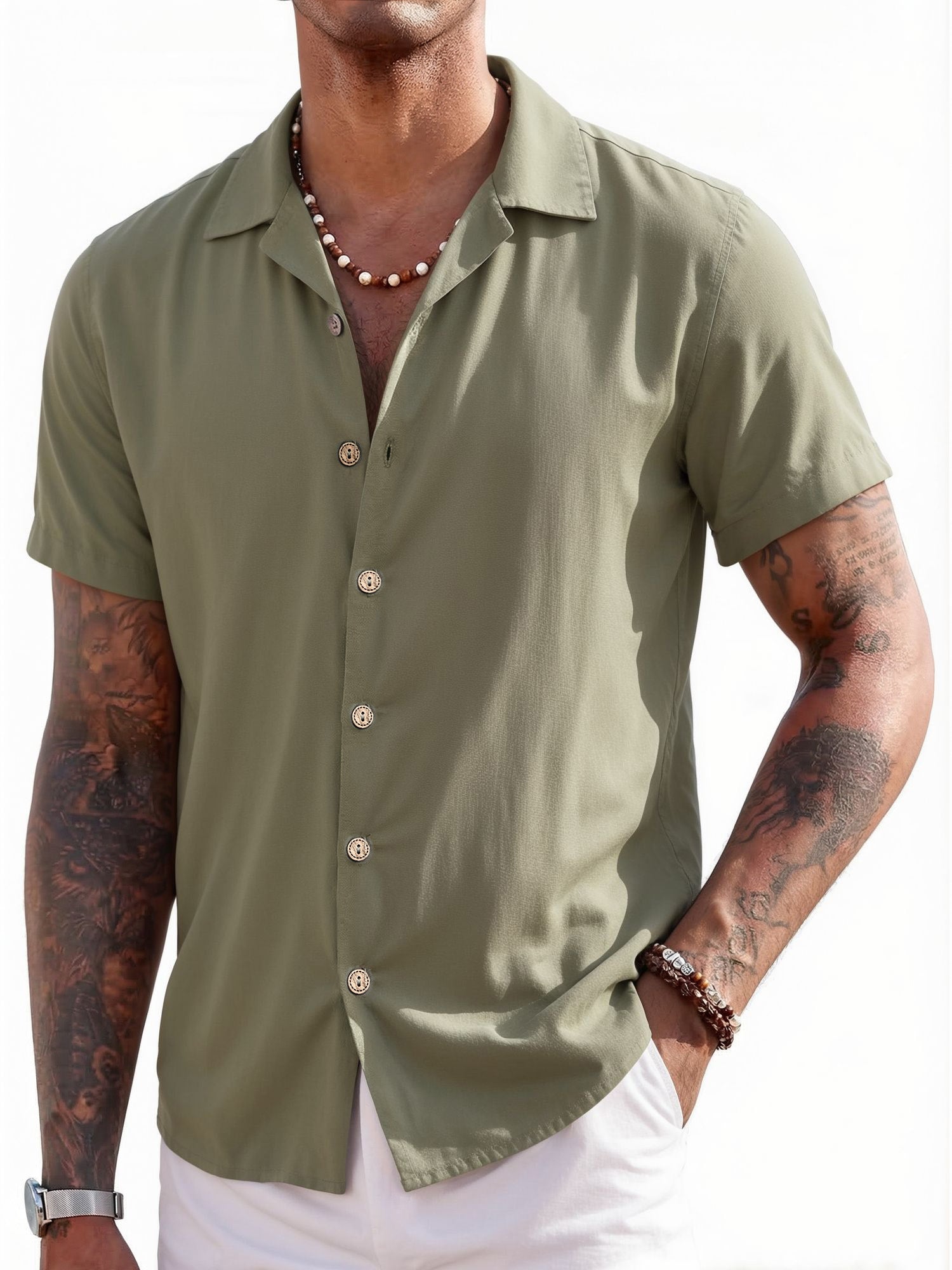 RICHCOIN Mens Linen Shirts Cuban Hawaiian Shirts Short Sleeve Button Down Casual Summer Beach Tops