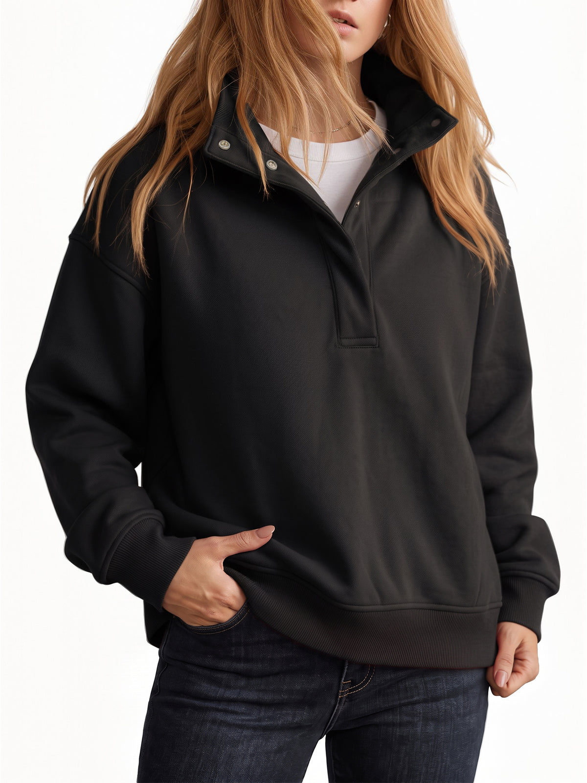 MOYIKO Womens Sweatshirts Long Sleeve Henley Neck Fleece Oversized Sweatshirt Snap Front Pullover Tops