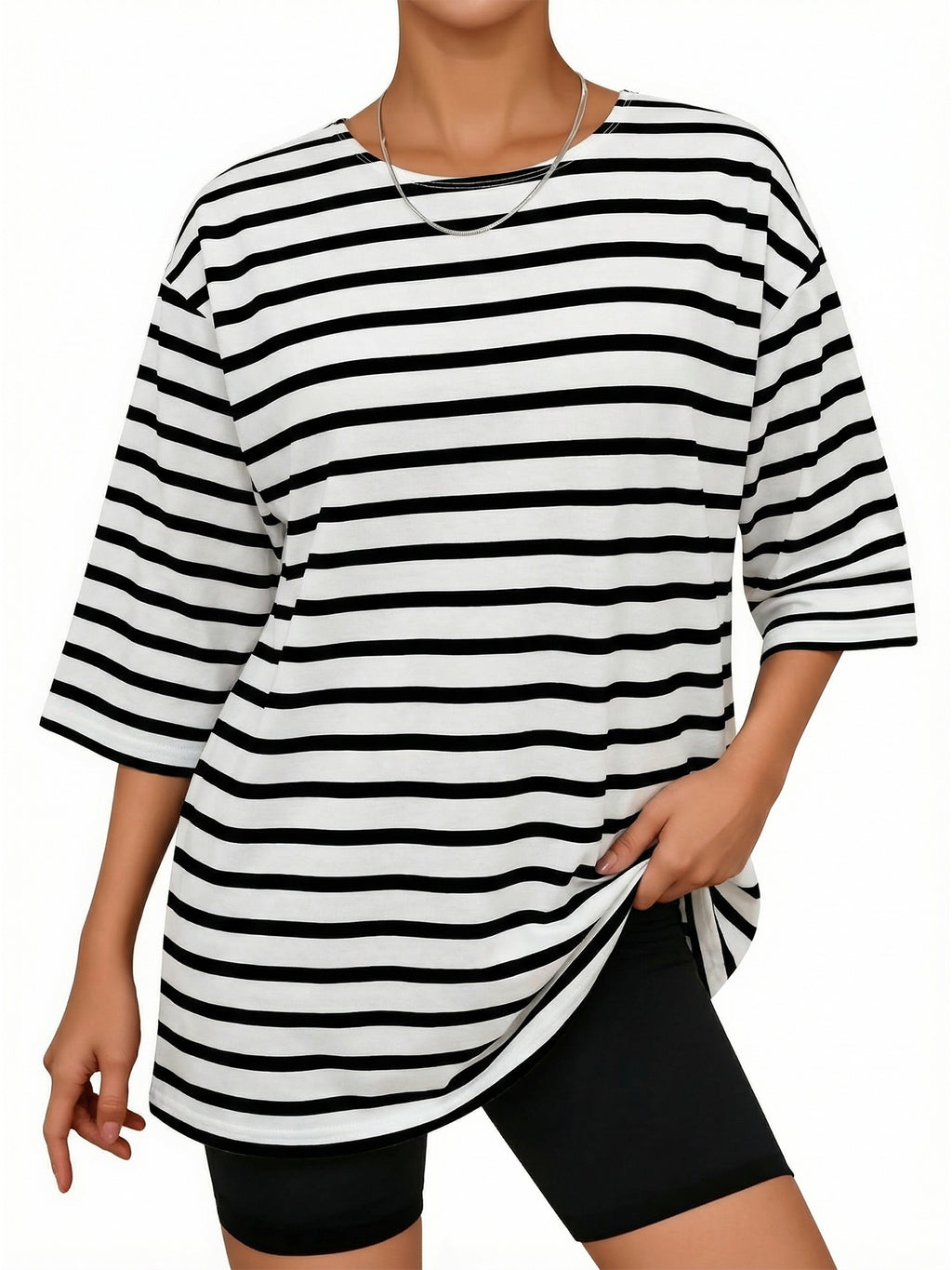 MOYIKO Striped T Shirts for Women 3/4 Length Sleeve Crewneck Casual Loose Fit Tees Summer Tops