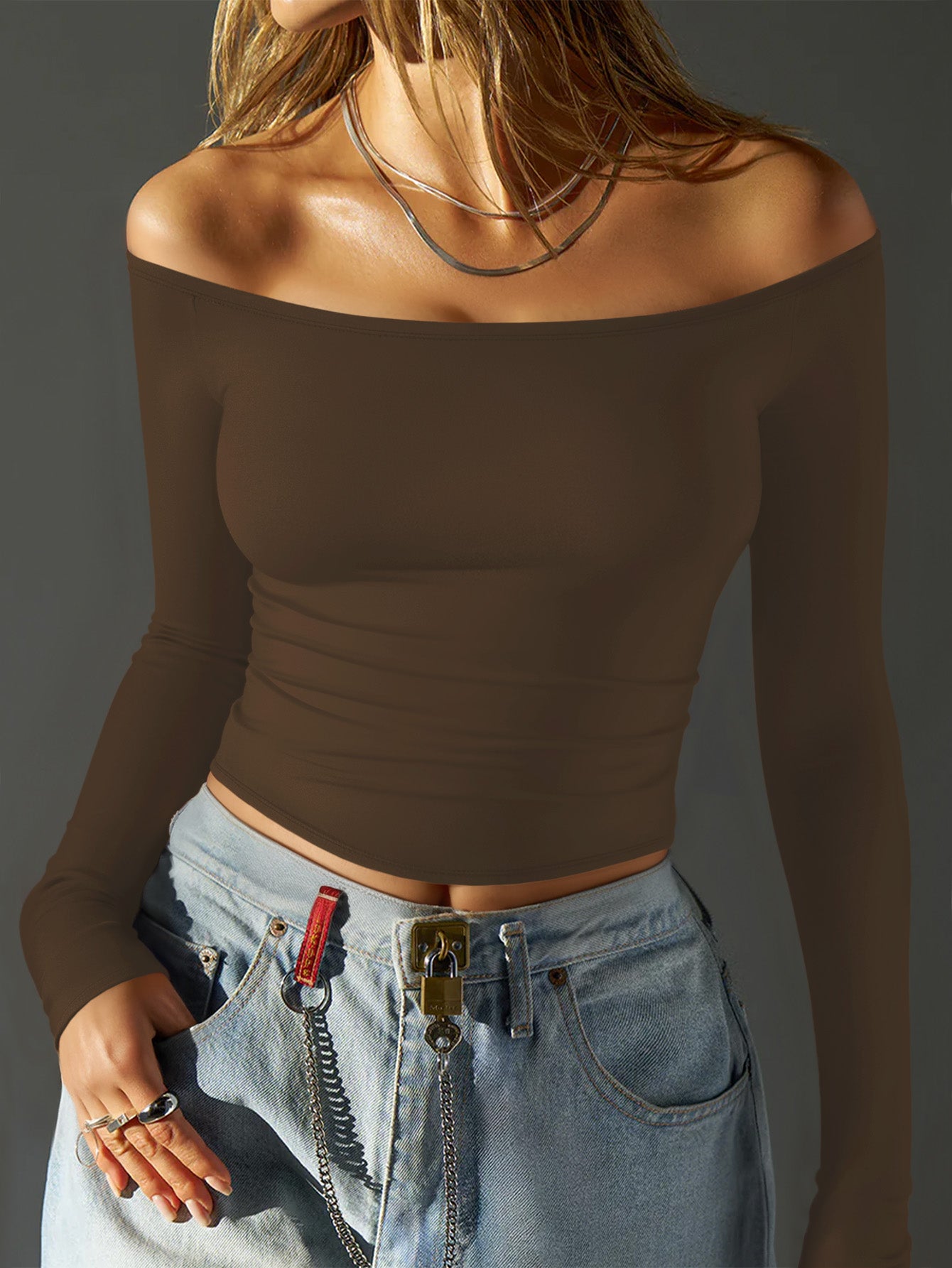 MOYIKO Off The Shoulder Tops For Women Fitted Long Sleeve Shirts Elegant