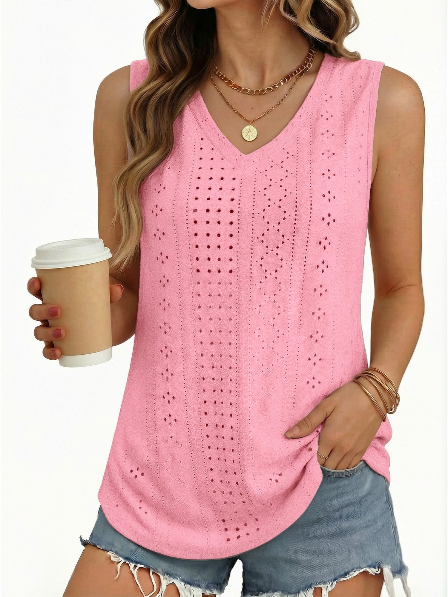 MOYIKO Tank Tops for Women Eyelet V Neck Trendy Sleeveless Tops Dressy Casual Flowy Summer Shirts Loose Fit