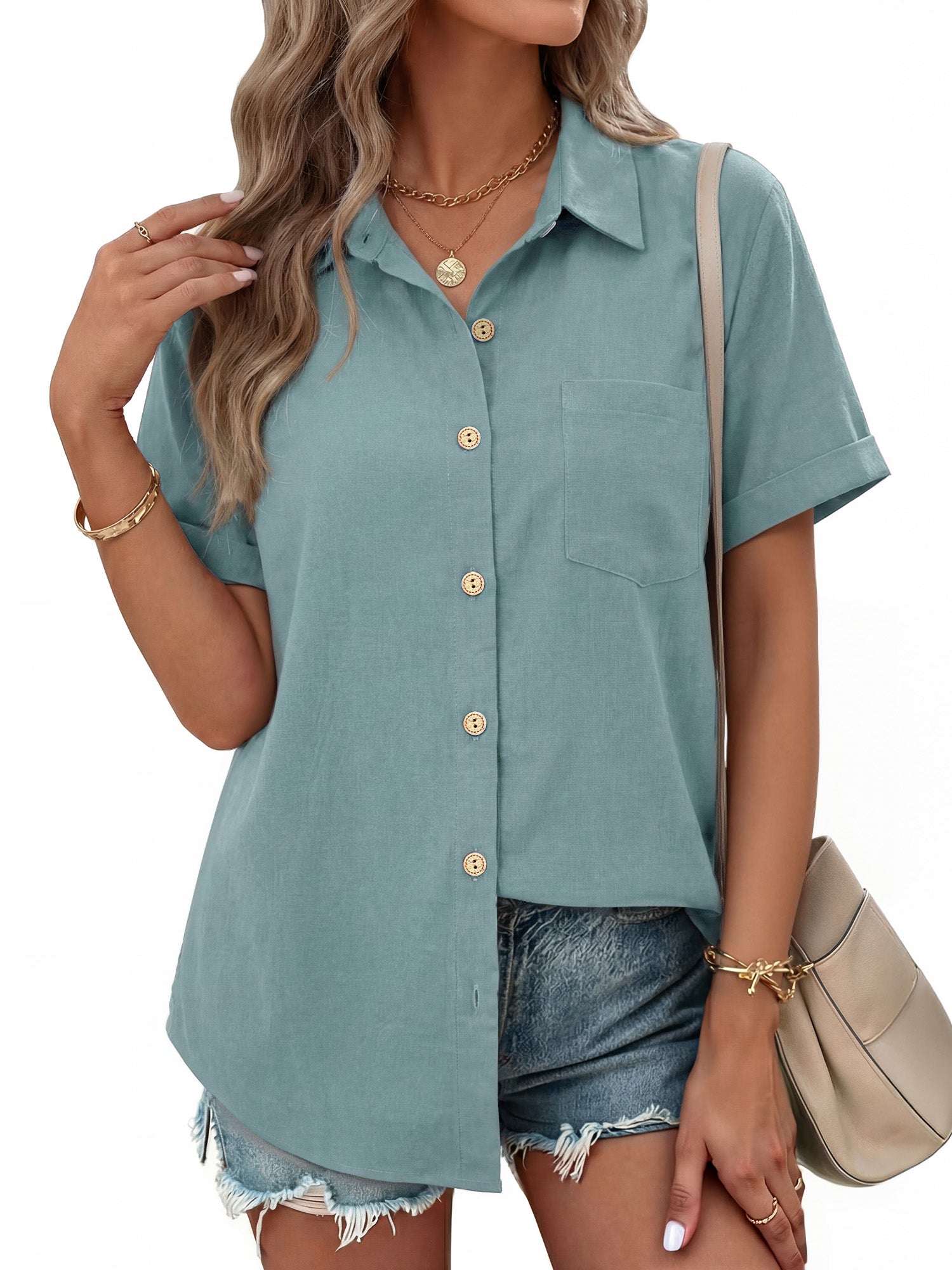 MOYIKO Womens Button Down Shirts Short Sleeve Shirt Collared Casual Work Blouses Summer Tops with Pockets