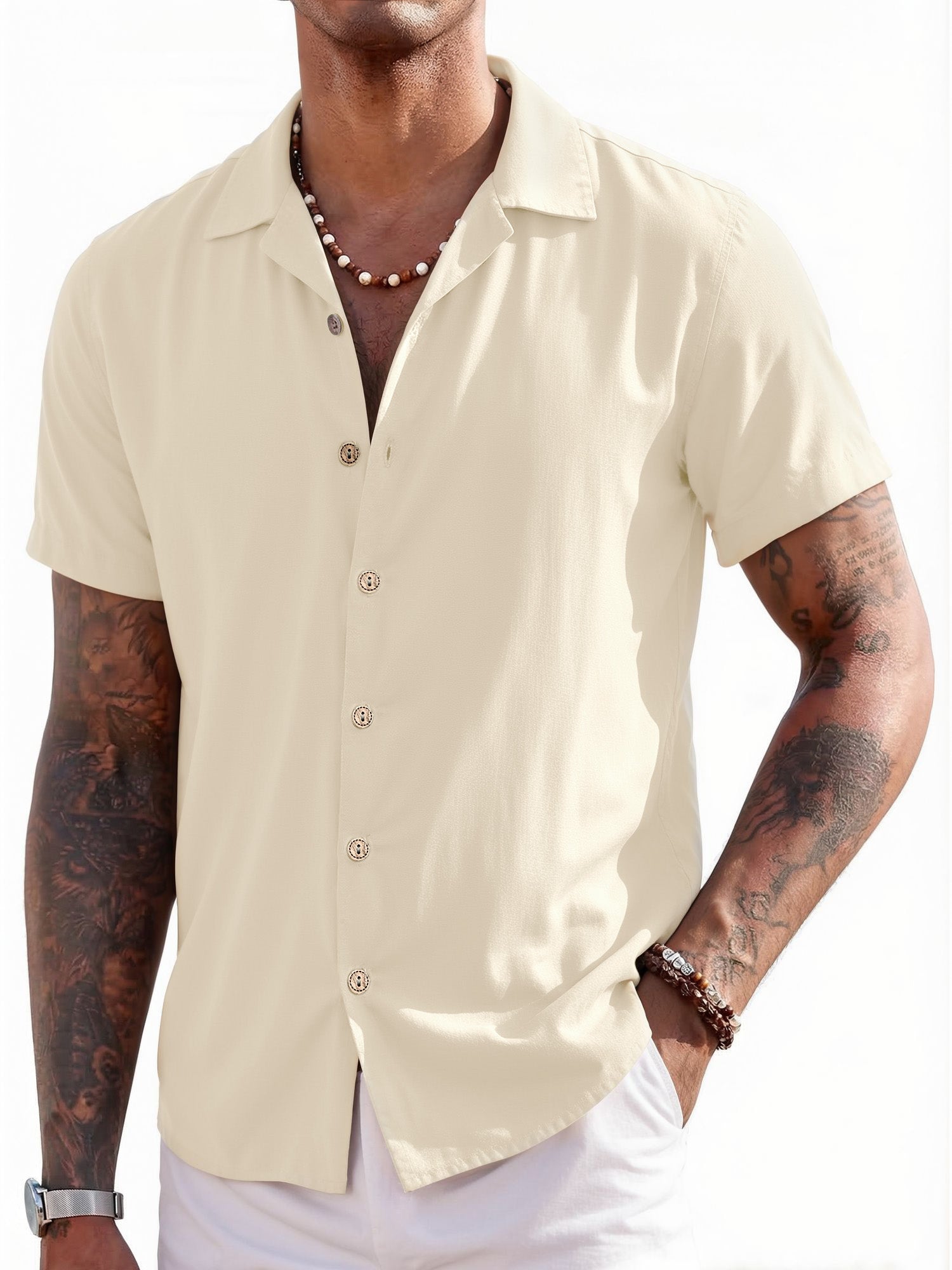 RICHCOIN Mens Linen Shirts Cuban Hawaiian Shirts Short Sleeve Button Down Casual Summer Beach Tops