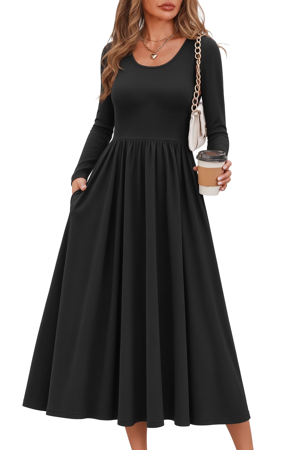 MOYIKO Women's Long Sleeve Midi Dresses with Pockets Round Neck A-Line Flowy Casual Fall Dresses