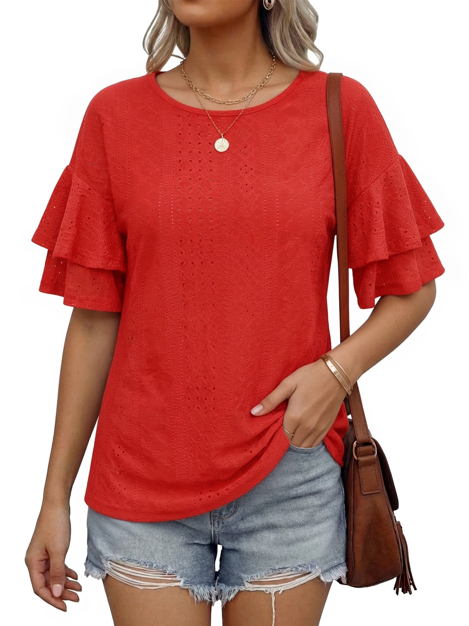 MOYIKO Women Casual Ruffle Half Sleeve Summer tops Crewneck Eyelet Shirts Flowy Dressy Tunic Blouses